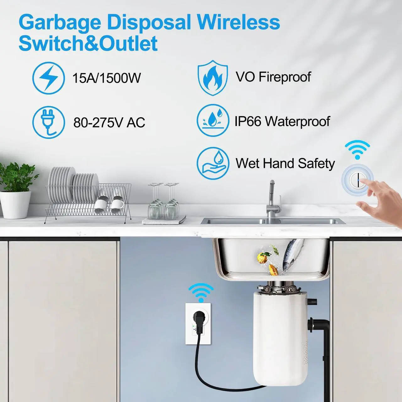 Alt view image 3 of 7 - Garbage Disposal Wireless Switch Kit, Greencycle Portable Remote Control Outlet,Garbage Disposal Switch with Magnetic, Remote Control Outlet,No Drilling On Sink,15A 4000V Anti-Surge 500 Feet RF Range