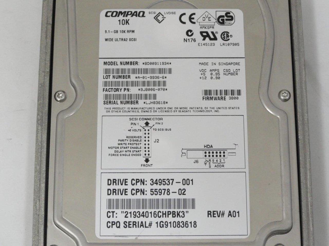 Alt view image 4 of 5 - HDD 9.1GB 10K ULTRA2 SCSI, BD00911934, 9J8006-070, 30-55978-02, W/TRAY