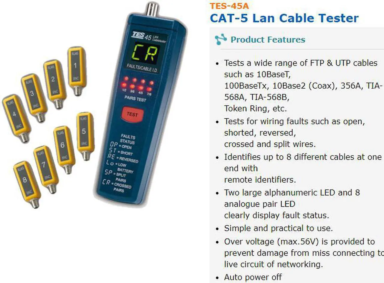 Alt view image 3 of 4 - TES-45 CAT-5 Lan Cable Tester Meter Pairs Length Faults Status Leds Display