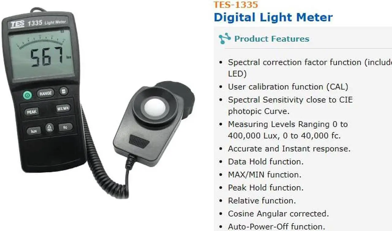Alt view image 4 of 5 - TES-1335 Digital Light Meter Measuring Levels Ranging 0 to 400,000 Lux