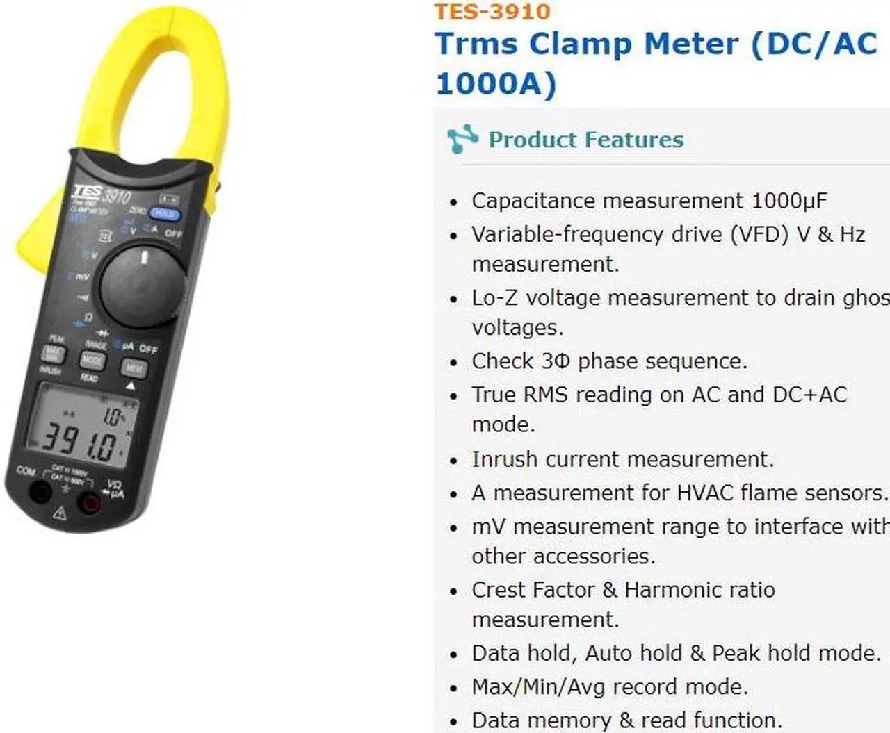 Alt view image 3 of 5 - TES-3910 Trms Clamp Meter(AC-DC 1000V) Range to Interface with Other Access