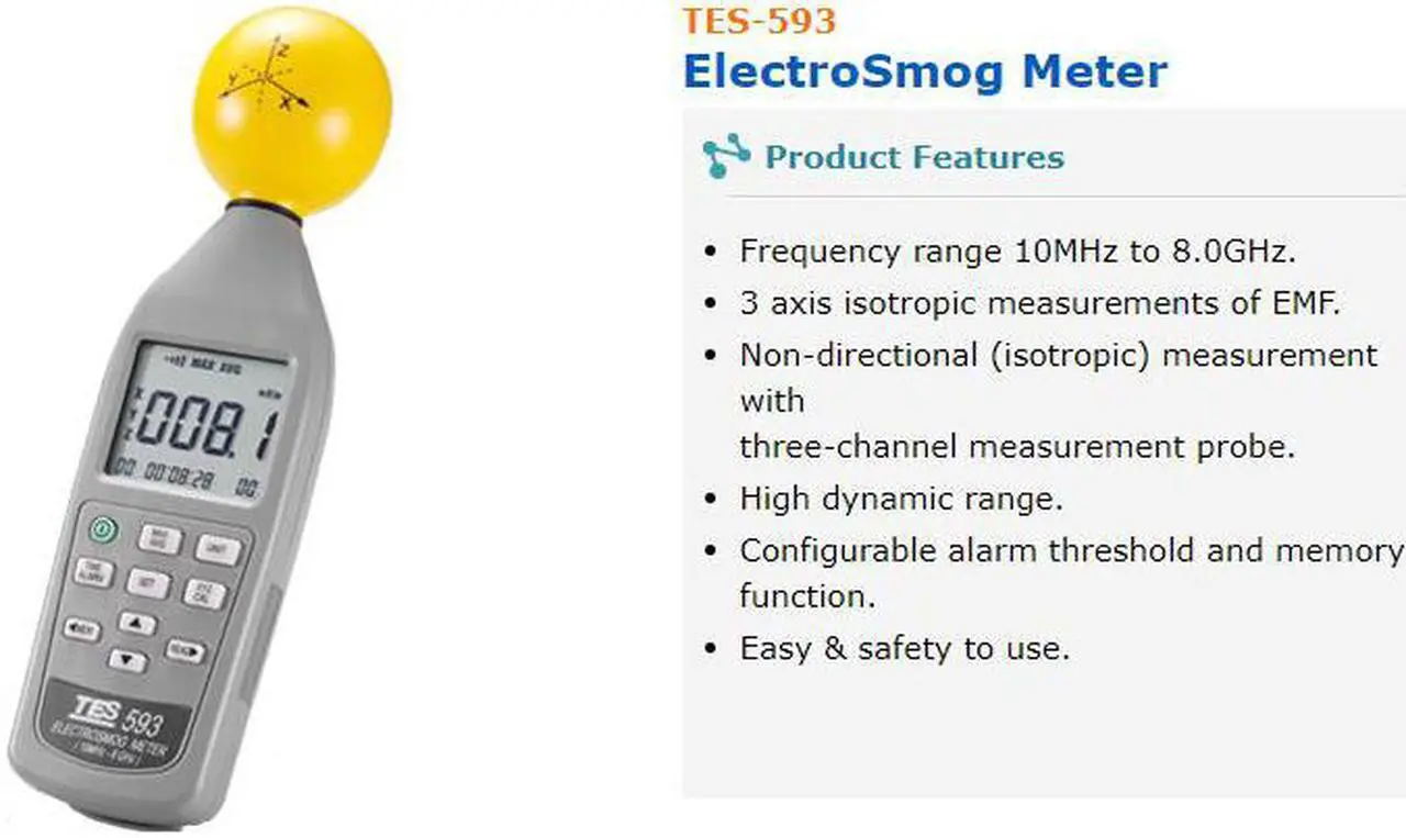 Alt view image 6 of 7 - TES-593 EMF Meter Triaxial Data Logger The Electromagnetic Radiation Detector