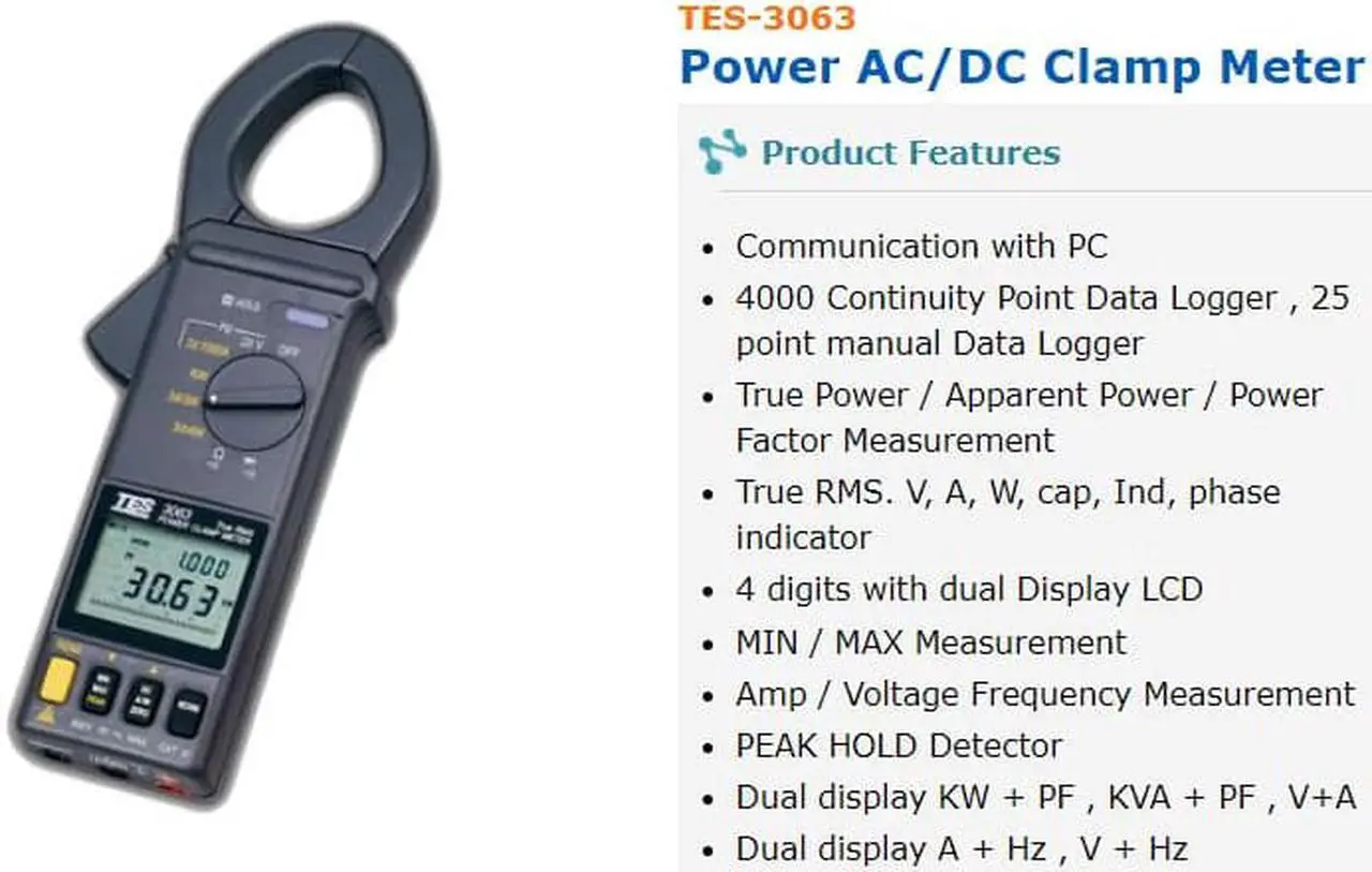 Alt view image 2 of 5 - TES-3063 Power AC/DC Clamp Meter 4000 Conticuity Point Data Logger