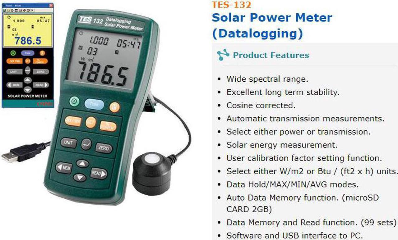 Alt view image 2 of 6 - TES-132 Solar Power Meter solar radiation measurement 2000W/m2 USB Data Logger