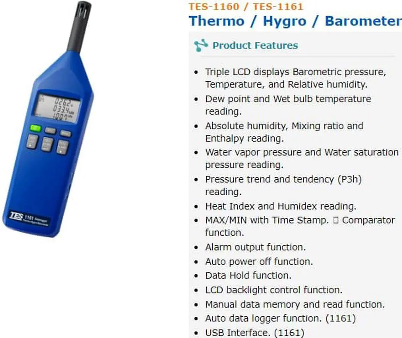 Alt view image 3 of 5 - TES-1160 Thermo/Hygro/Barometer/Humidity Temperature Meter