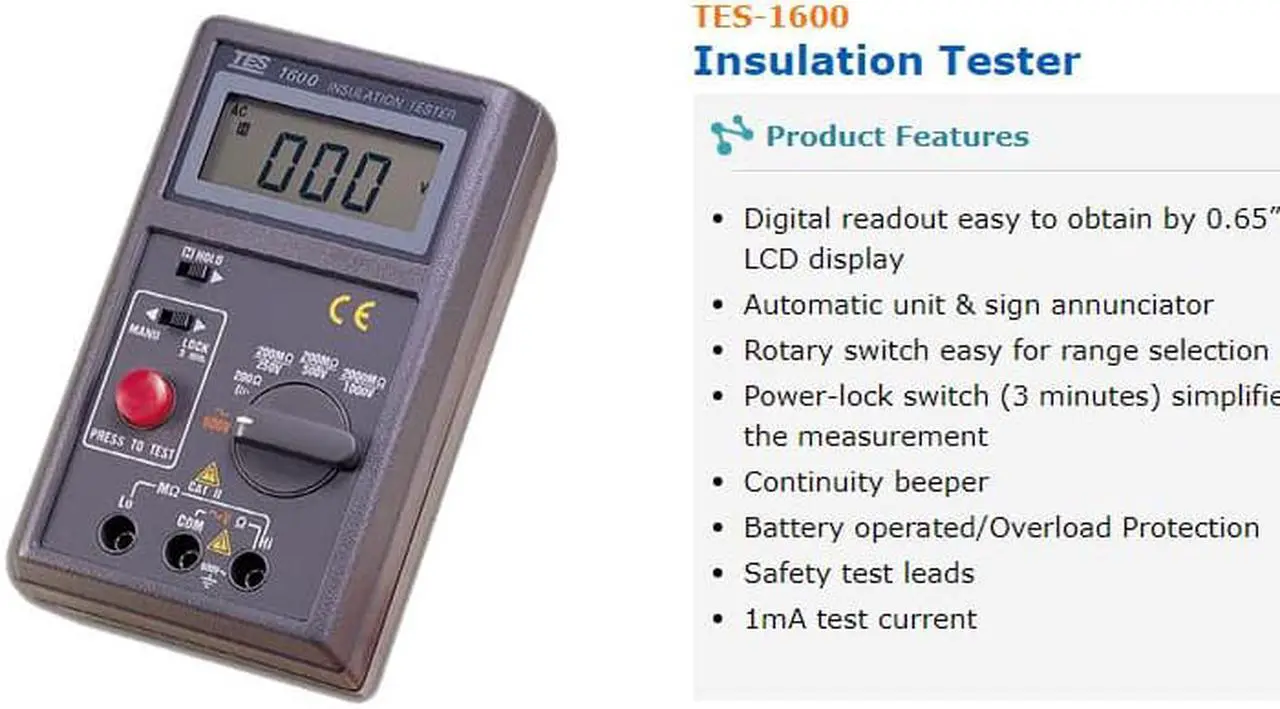 Alt view image 3 of 6 - TES-1600 Insulation Tester 200M /250V 200M /500V 2000M /1000V LCD Display