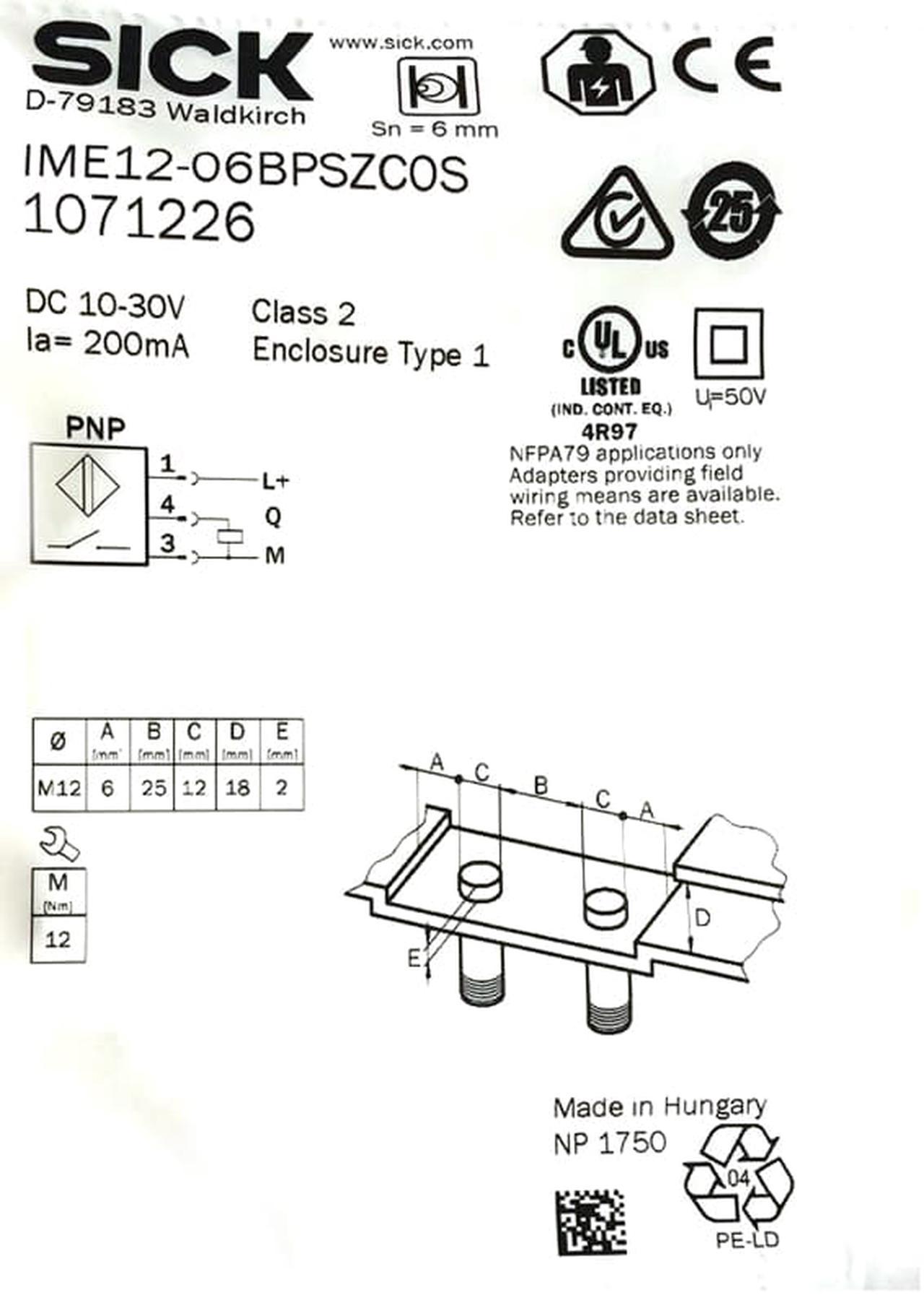 SICK  IME12-06BPSZC0S  Inductive proximity sensors  ,PNP,New