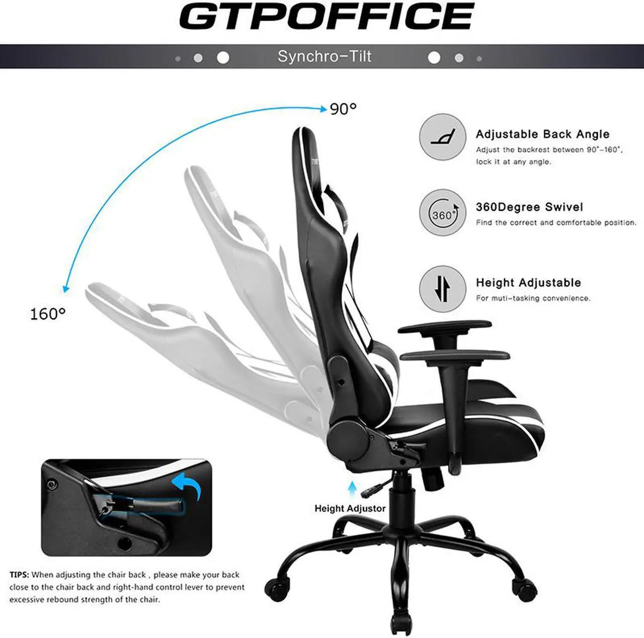 Alt view image 3 of 7 - GTRACING Gaming Chair Massage Office Computer GTPOFFICE Series Racing Chair for Adult Reclining Adjustable Swivel Leather Chair High Back Desk Chair Headrest and Massage Lumbar Support Cushion