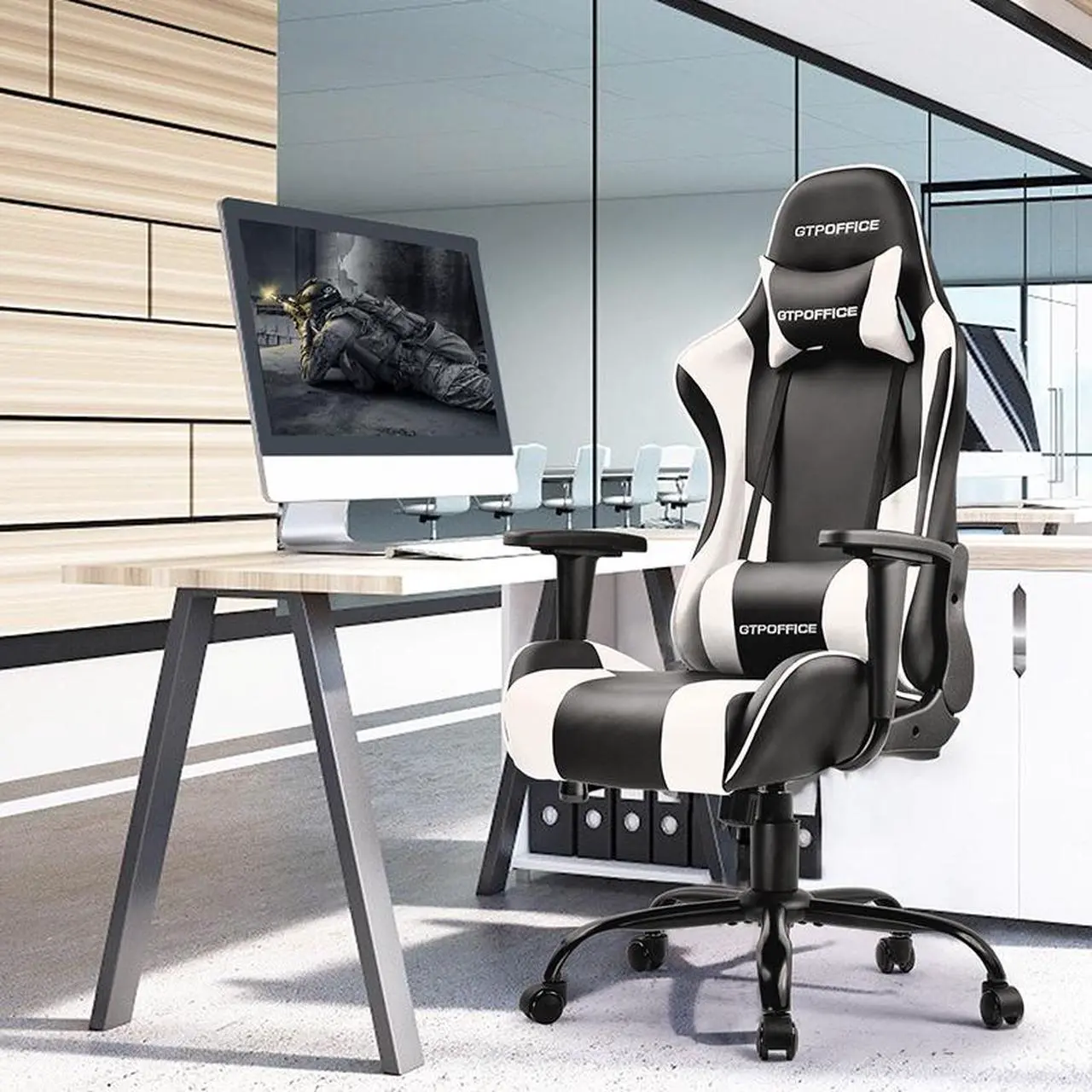 Alt view image 5 of 7 - GTRACING Gaming Chair Massage Office Computer GTPOFFICE Series Racing Chair for Adult Reclining Adjustable Swivel Leather Chair High Back Desk Chair Headrest and Massage Lumbar Support Cushion