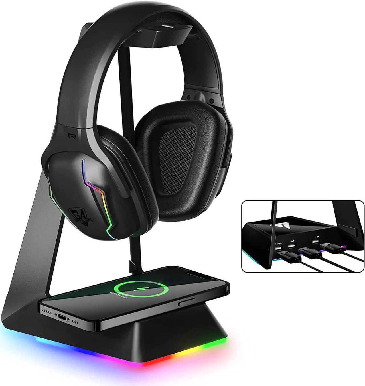 Main image of GTRACING Gaming Headphone Stand, Gaming Headset RGB Holder with Wireless Charger, 3 USB Hub, 3 in 1 Multi-Functional Base Station, Gifts for Gamers, PC Game Earphone Accessories