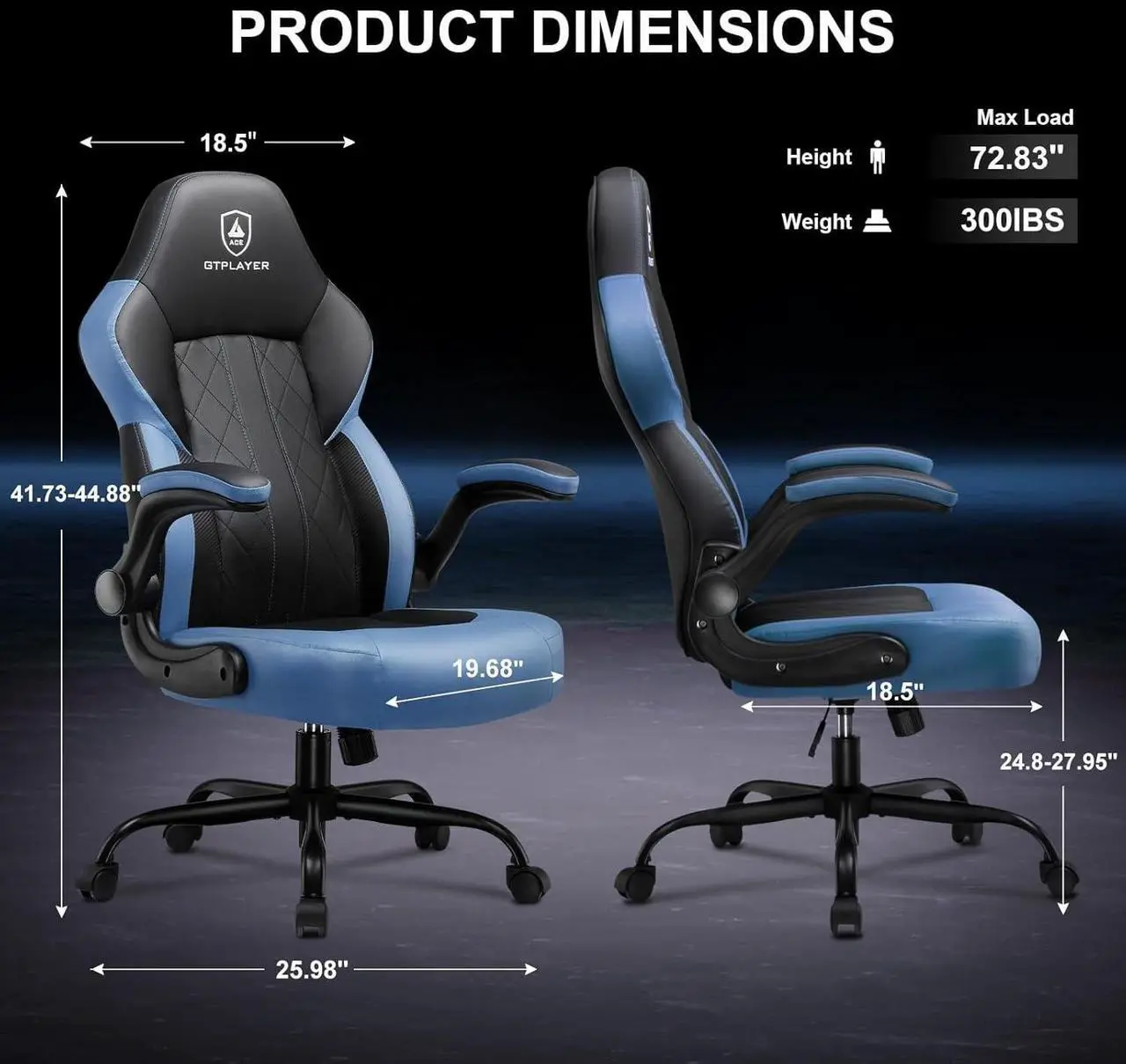 Alt view image 3 of 7 - GTPLAYER Computer Gaming Chair, Ergonomic Video Gaming Chair with Flip-Up Armrests and Adjustable Height, Comfortable Office Desk Chairs with Built-in Lumbar Support, Recliner with 360°Swivel (Blue)