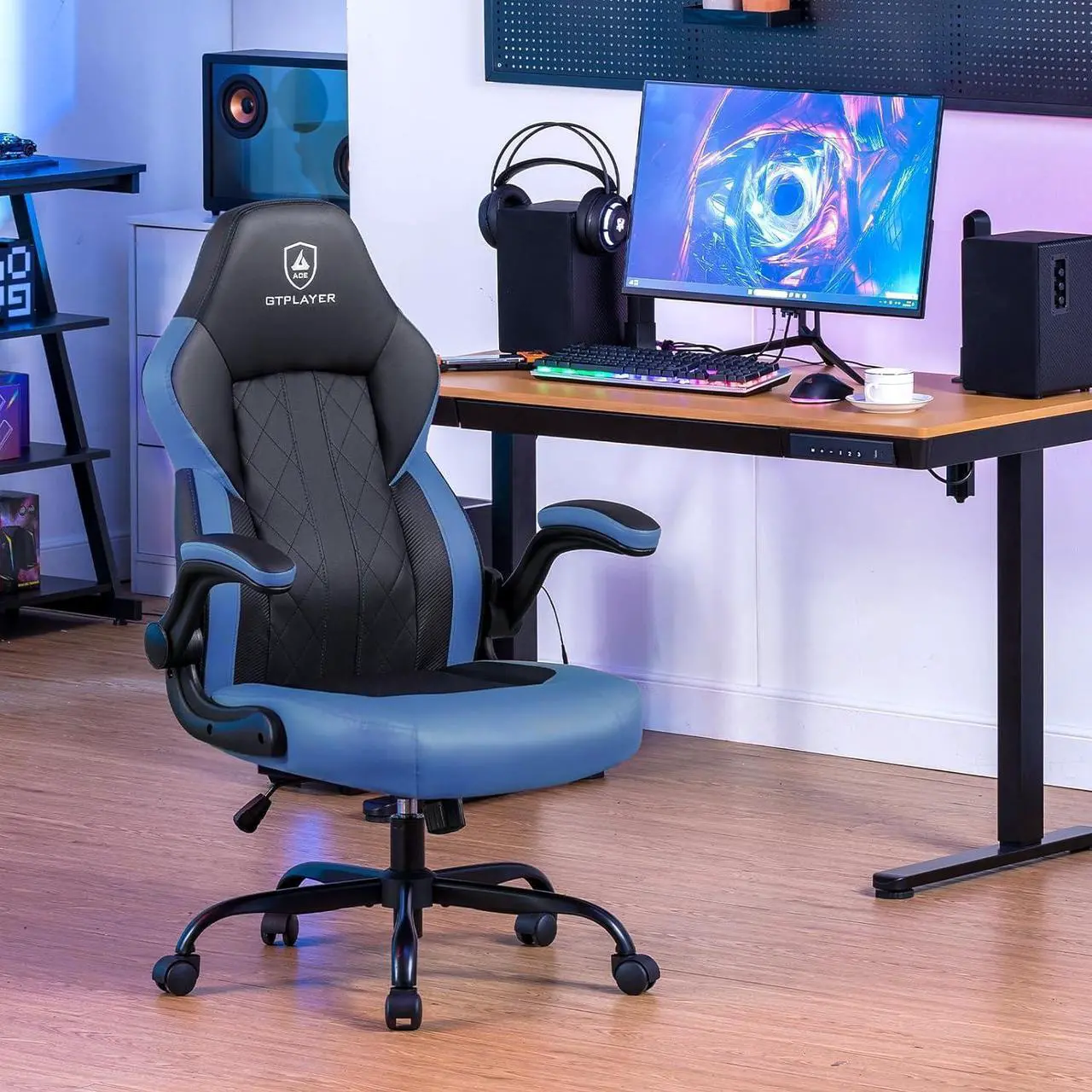 Alt view image 2 of 7 - GTPLAYER Computer Gaming Chair, Ergonomic Video Gaming Chair with Flip-Up Armrests and Adjustable Height, Comfortable Office Desk Chairs with Built-in Lumbar Support, Recliner with 360°Swivel (Blue)
