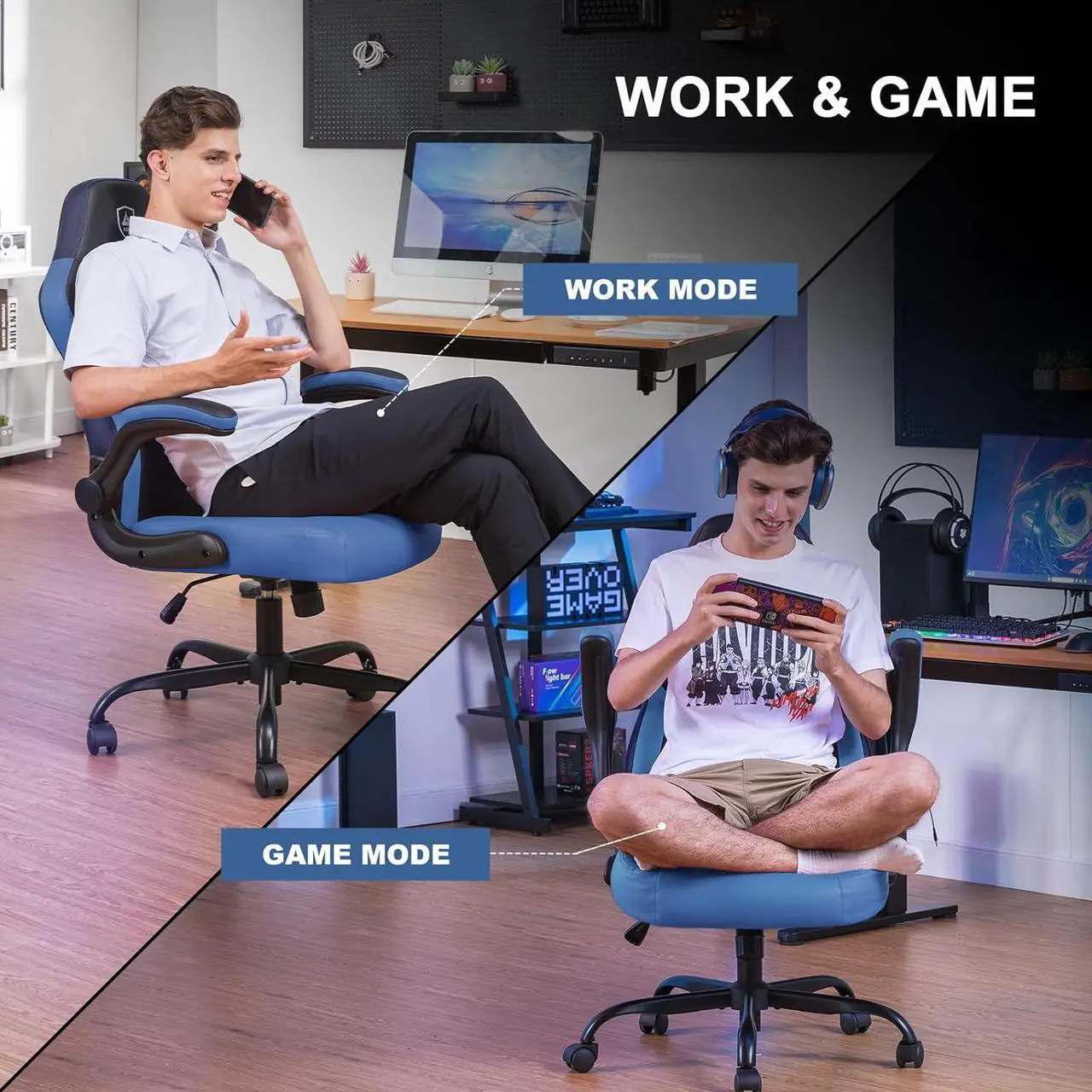 Alt view image 5 of 7 - GTPLAYER Computer Gaming Chair, Ergonomic Video Gaming Chair with Flip-Up Armrests and Adjustable Height, Comfortable Office Desk Chairs with Built-in Lumbar Support, Recliner with 360°Swivel (Blue)