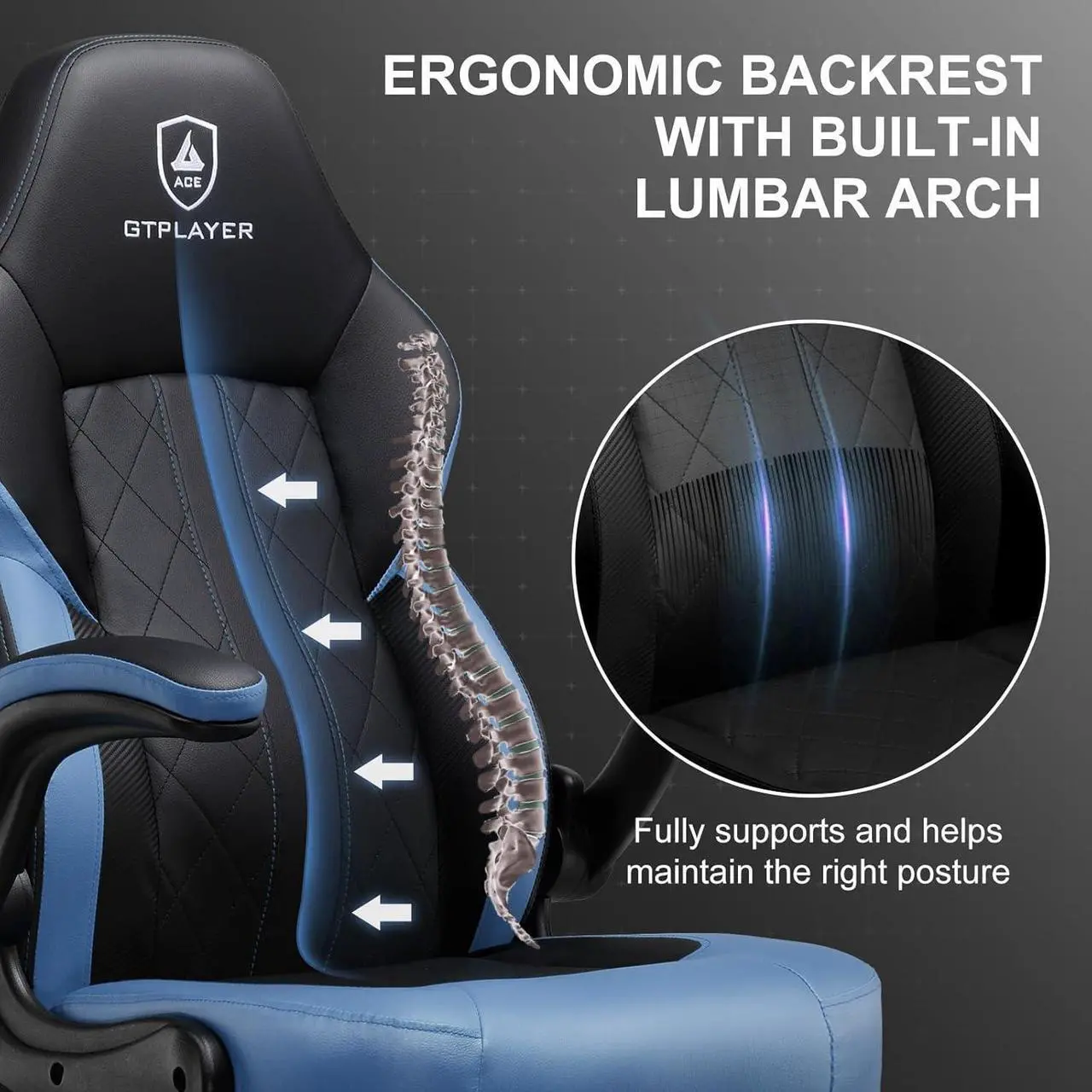 Alt view image 7 of 7 - GTPLAYER Computer Gaming Chair, Ergonomic Video Gaming Chair with Flip-Up Armrests and Adjustable Height, Comfortable Office Desk Chairs with Built-in Lumbar Support, Recliner with 360°Swivel (Blue)