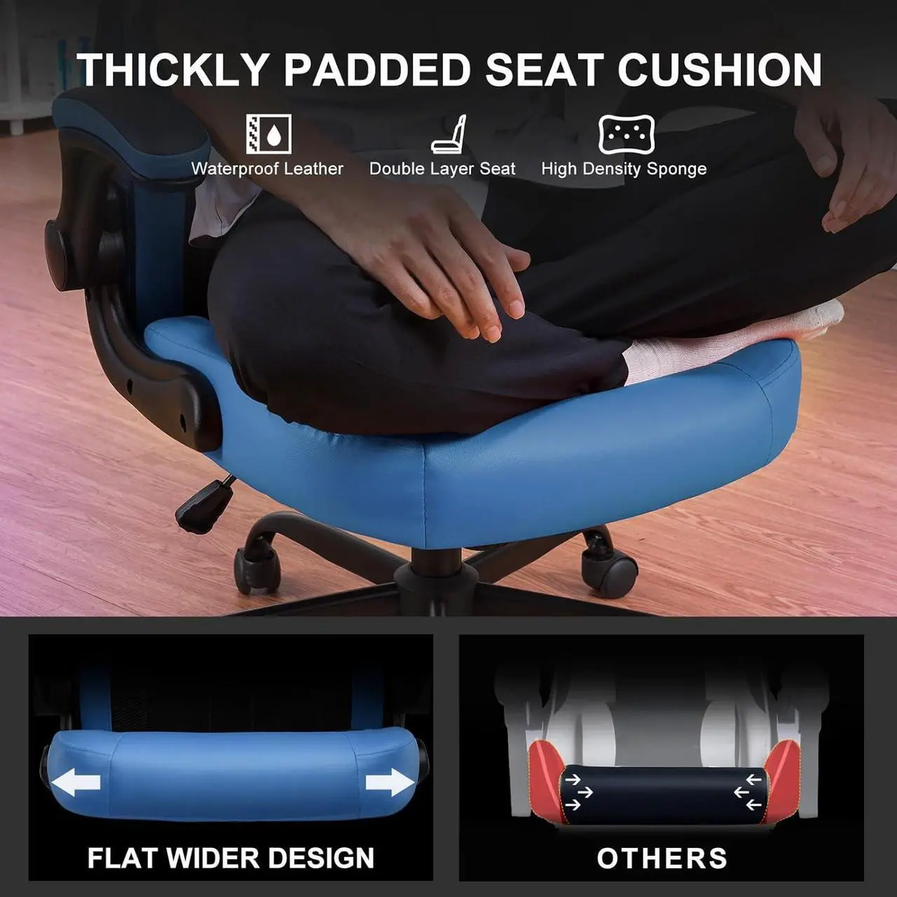 Alt view image 6 of 7 - GTPLAYER Computer Gaming Chair, Ergonomic Video Gaming Chair with Flip-Up Armrests and Adjustable Height, Comfortable Office Desk Chairs with Built-in Lumbar Support, Recliner with 360°Swivel (Blue)