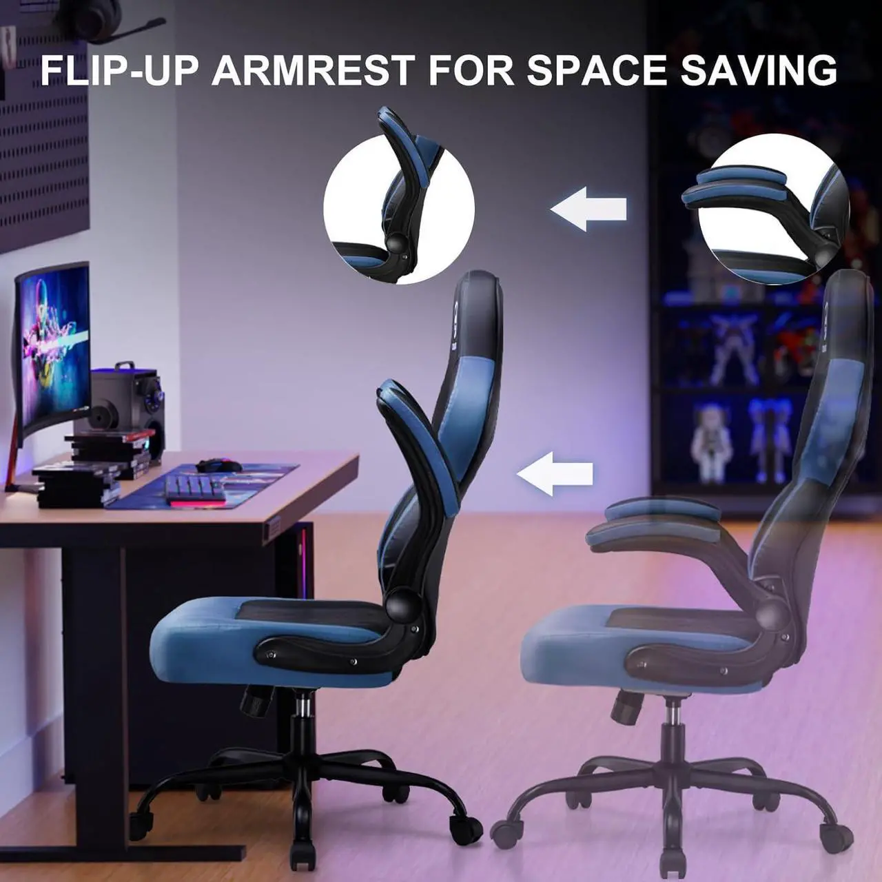 Alt view image 4 of 7 - GTPLAYER Computer Gaming Chair, Ergonomic Video Gaming Chair with Flip-Up Armrests and Adjustable Height, Comfortable Office Desk Chairs with Built-in Lumbar Support, Recliner with 360°Swivel (Blue)