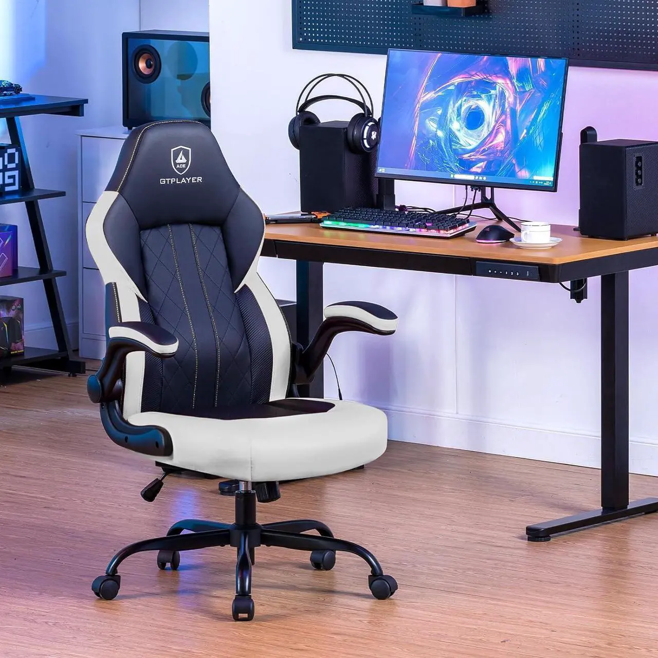 Alt view image 2 of 7 - GTPLAYER Computer Gaming Chair, Ergonomic Video Gaming Chair with Flip-Up Armrests and Adjustable Height, Comfortable Office Desk Chairs with Built-in Lumbar Support, Recliner with 360°Swivel (White)