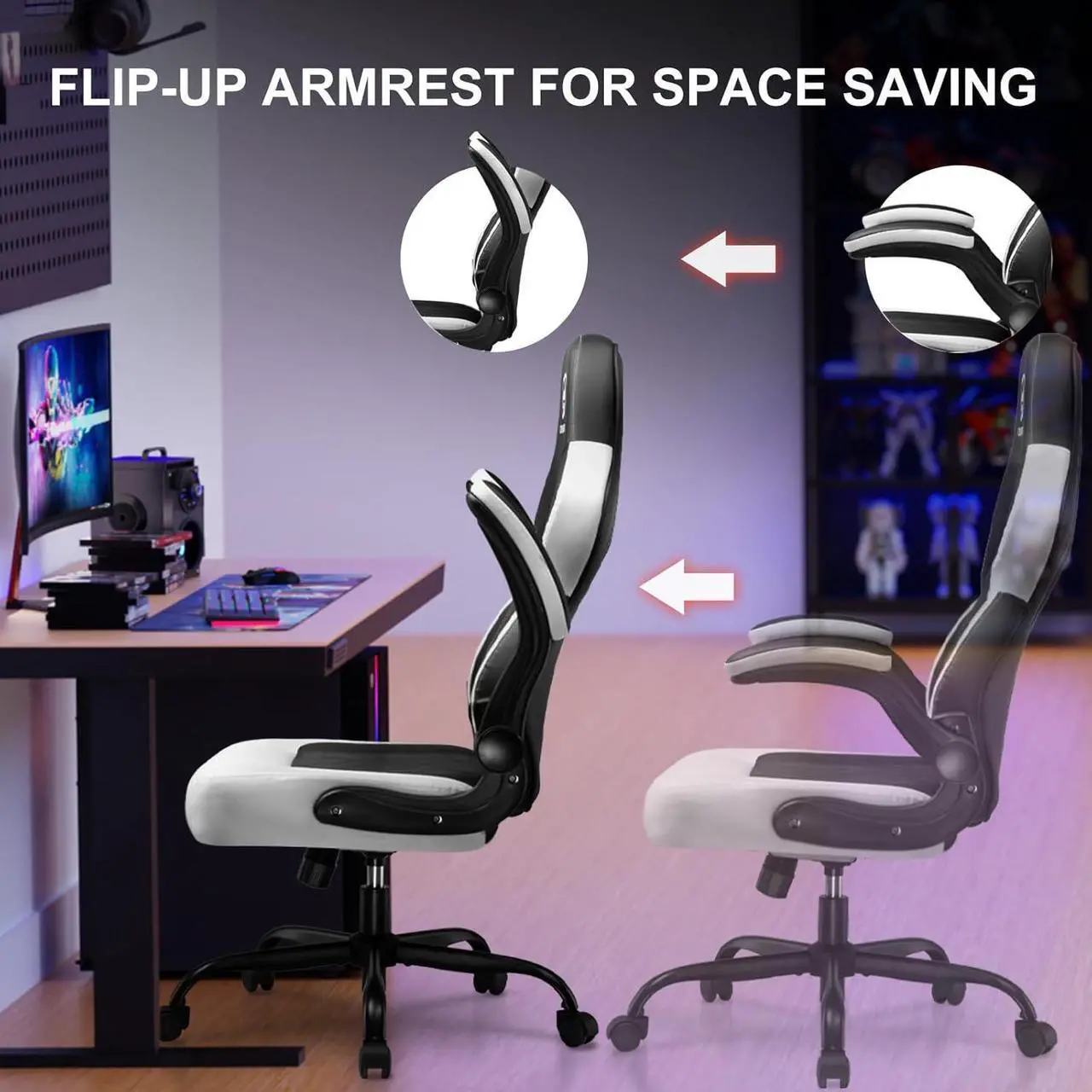 Alt view image 4 of 7 - GTPLAYER Computer Gaming Chair, Ergonomic Video Gaming Chair with Flip-Up Armrests and Adjustable Height, Comfortable Office Desk Chairs with Built-in Lumbar Support, Recliner with 360°Swivel (White)
