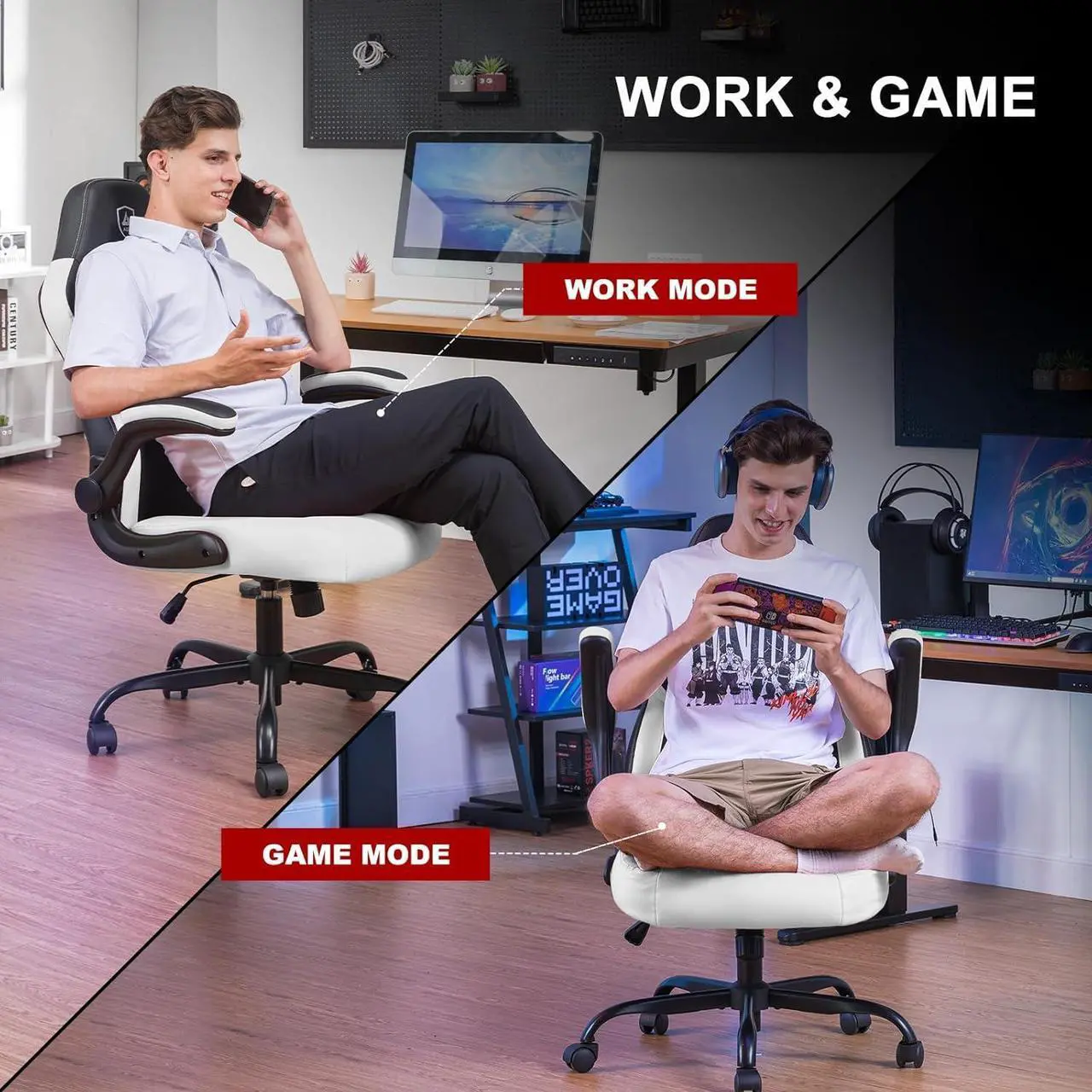 Alt view image 5 of 7 - GTPLAYER Computer Gaming Chair, Ergonomic Video Gaming Chair with Flip-Up Armrests and Adjustable Height, Comfortable Office Desk Chairs with Built-in Lumbar Support, Recliner with 360°Swivel (White)