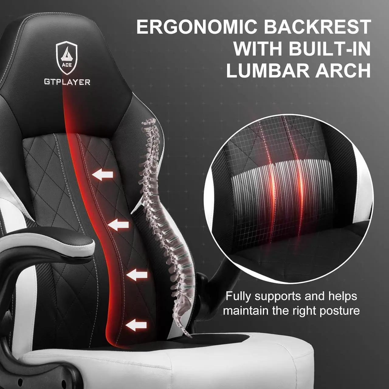 Alt view image 7 of 7 - GTPLAYER Computer Gaming Chair, Ergonomic Video Gaming Chair with Flip-Up Armrests and Adjustable Height, Comfortable Office Desk Chairs with Built-in Lumbar Support, Recliner with 360°Swivel (White)