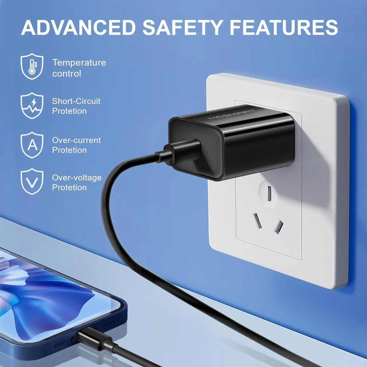 Alt view image 2 of 7 - Fast PD Type C Wall Charger Power Adapter & USB-C To USB-C Charging Cable For iPhone 15 Pro Max Plus / Samsung Galaxy S23 S22 Ultra 5G S23+ A54 A34 A14 A03s / Google 8 7 6 Pro 8a 7a Black 3 ft.