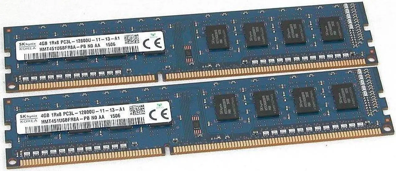 Main image of 2 x 4GB (8GB TOTAL) SK Hynix HMT451U6BFR8A-PB PC3L-12800U 1Rx8 Desktop Memory