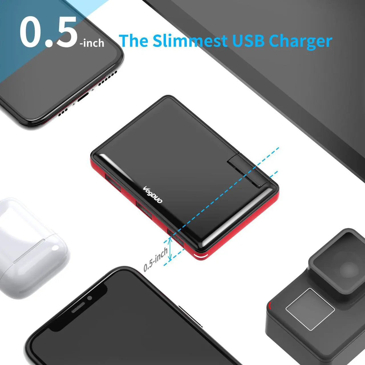 Alt view image 3 of 7 - VogDUO Charger Pro, Ultra-Thin, 3 Port USB Travel Wall Charger, 30W 5V/6A, Foldable Plug, Portable Charger, Compatible with iPhone, Webcam, Samsung, Google Pixels, Kindle, Fitbit, Black