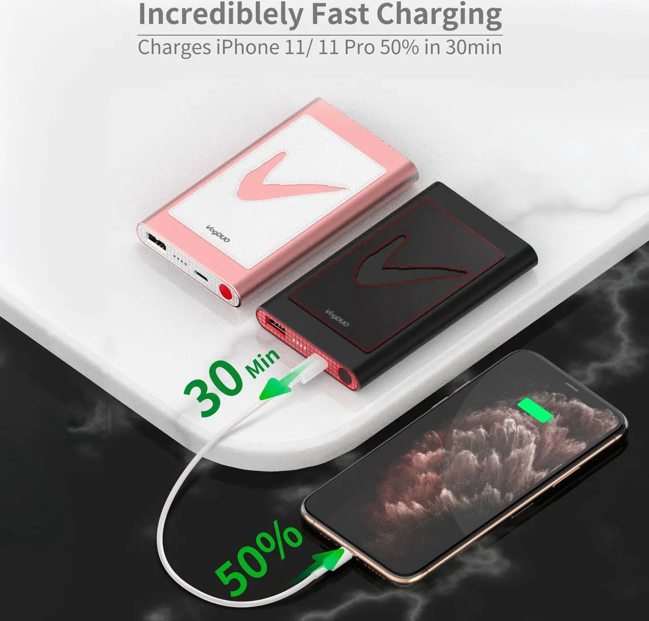 Alt view image 2 of 7 - VogDUO Power Go, 10000mAh Power Bank, USB-C, Ultra-Compact, Fast charging, External Battery for iPhone 14, 13, 12, 11 Pro Max Xs X 8 Samsung S10 Note 10 Pixel 4XL 3XL, iPad Pro 2019 and More, Black