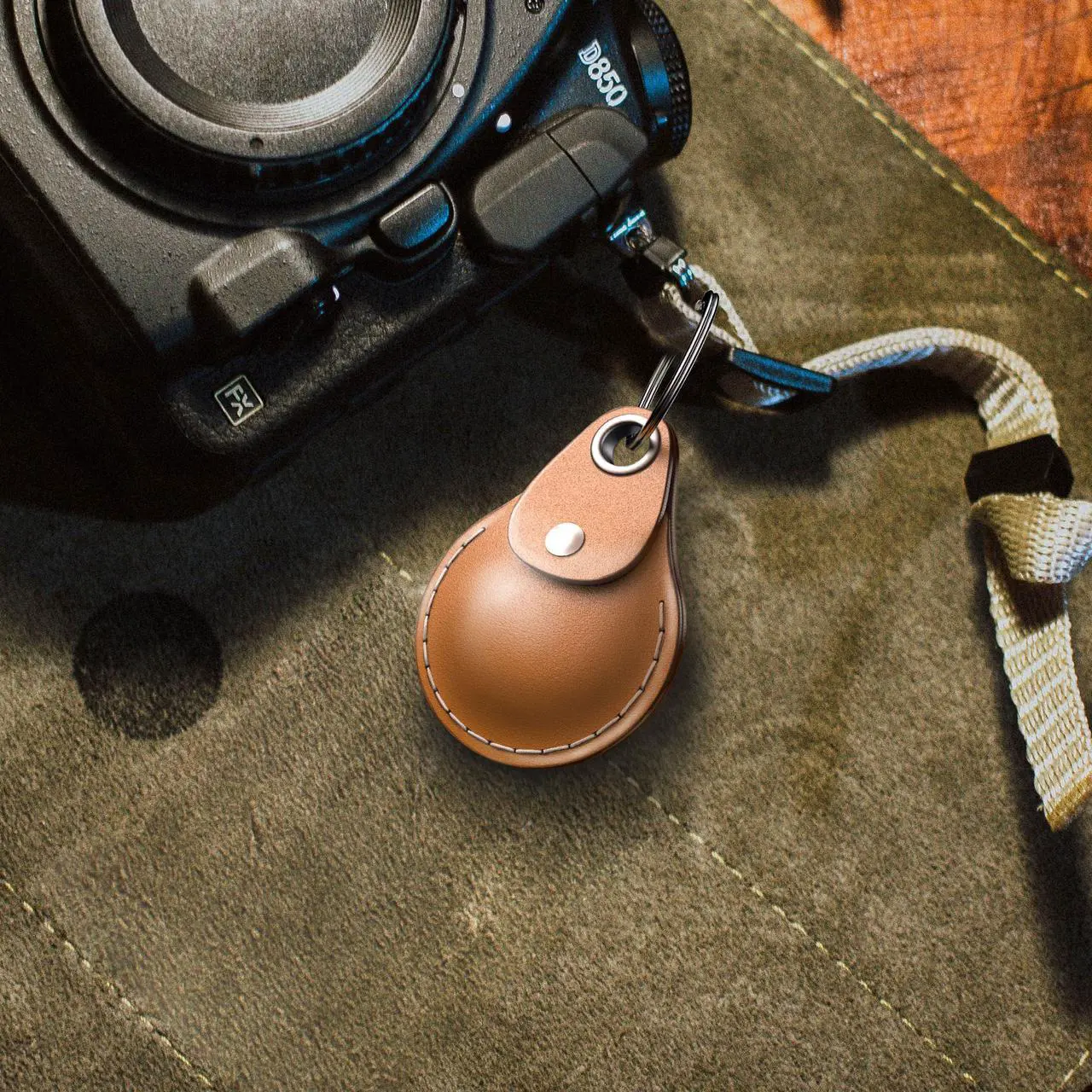 Alt view image 5 of 7 - VogDUO AirTag Leather Case, Italian Genuine Leather, Full cover, Keychain design, Hand Strap, Camouflage