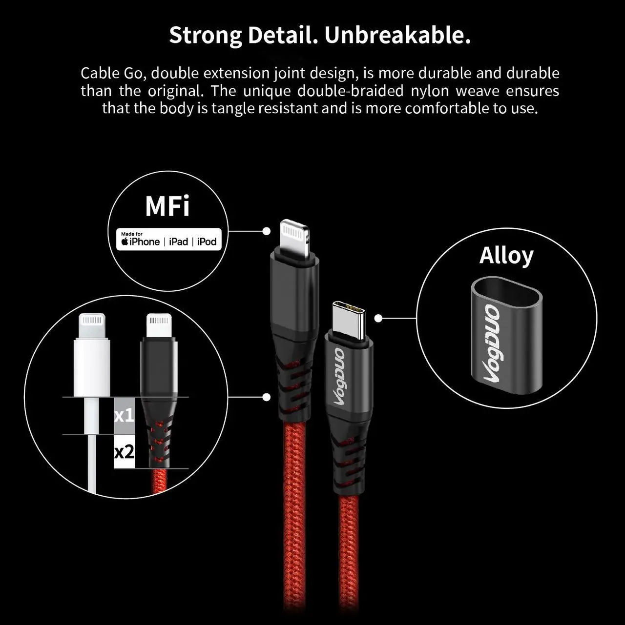 Alt view image 3 of 7 - VogDUO, MFi Certified, USB-C to Lightning Cable, 6ft, Durable and Fast Charging Cable, Reinforced Cable Joints, Tangle Resistant Design, for iPhone XR/Xs/ 11/11 Pro