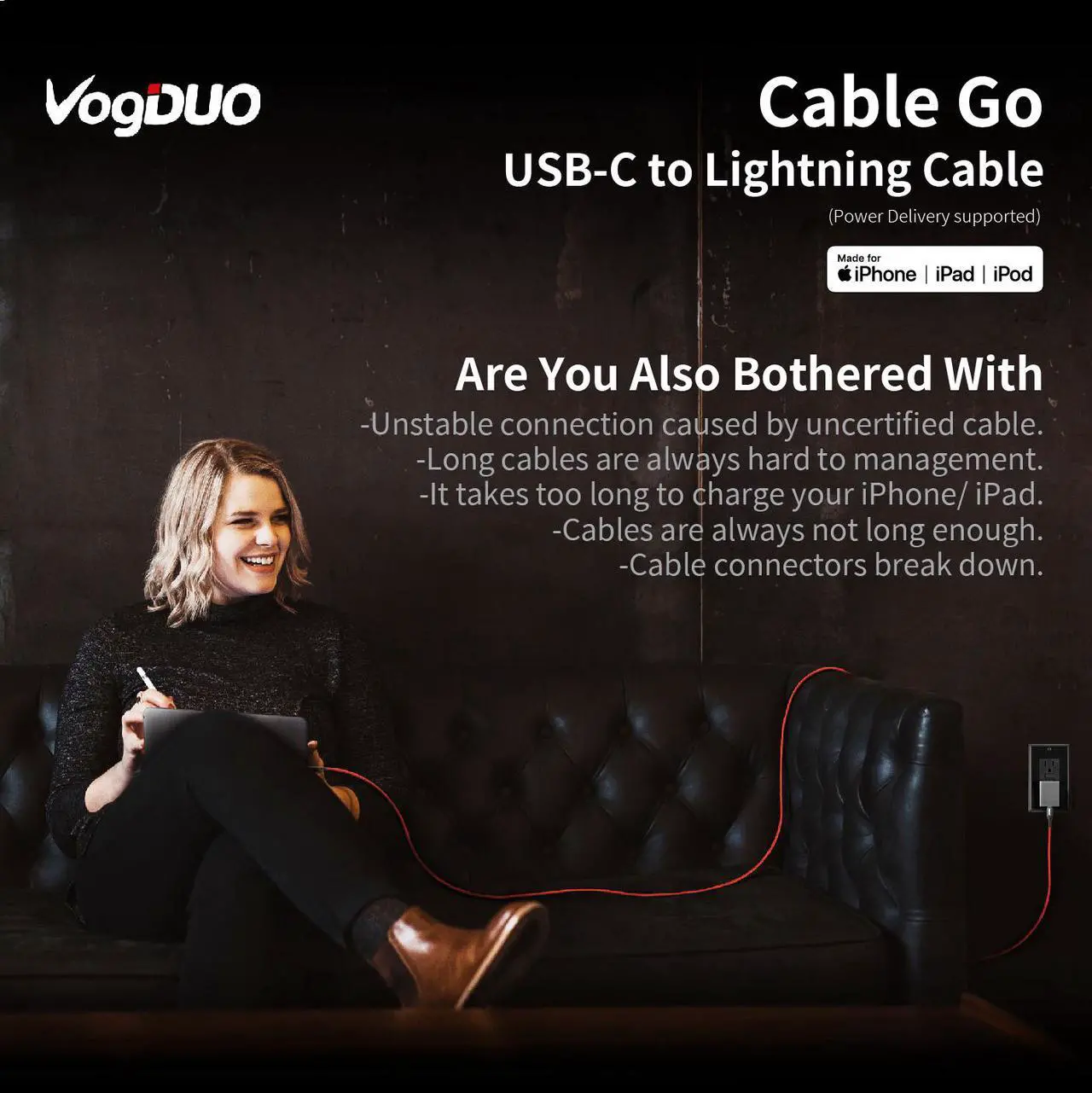 Alt view image 2 of 7 - VogDUO, MFi Certified, USB-C to Lightning Cable, 6ft, Durable and Fast Charging Cable, Reinforced Cable Joints, Tangle Resistant Design, for iPhone XR/Xs/ 11/11 Pro