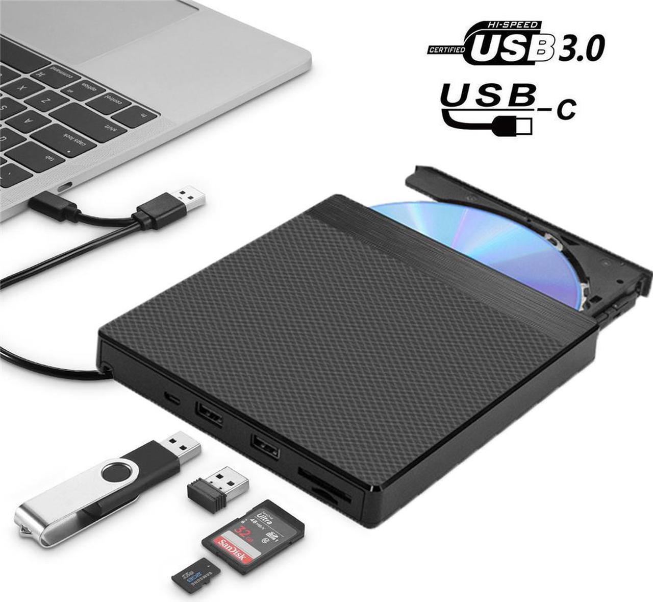 Portable DVD Drive USB3.0&Type C External Optical Drive DVD Burner CD/DVD Player with Micro USB/USB /SD/FT Slot for PC/Desktop