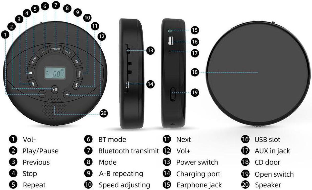 Alt view image 7 of 7 - Portable CD Player Bluetooth CD Walkman Built in Speakers Rechargeable CD Player with USB/AUX/Headphone Port