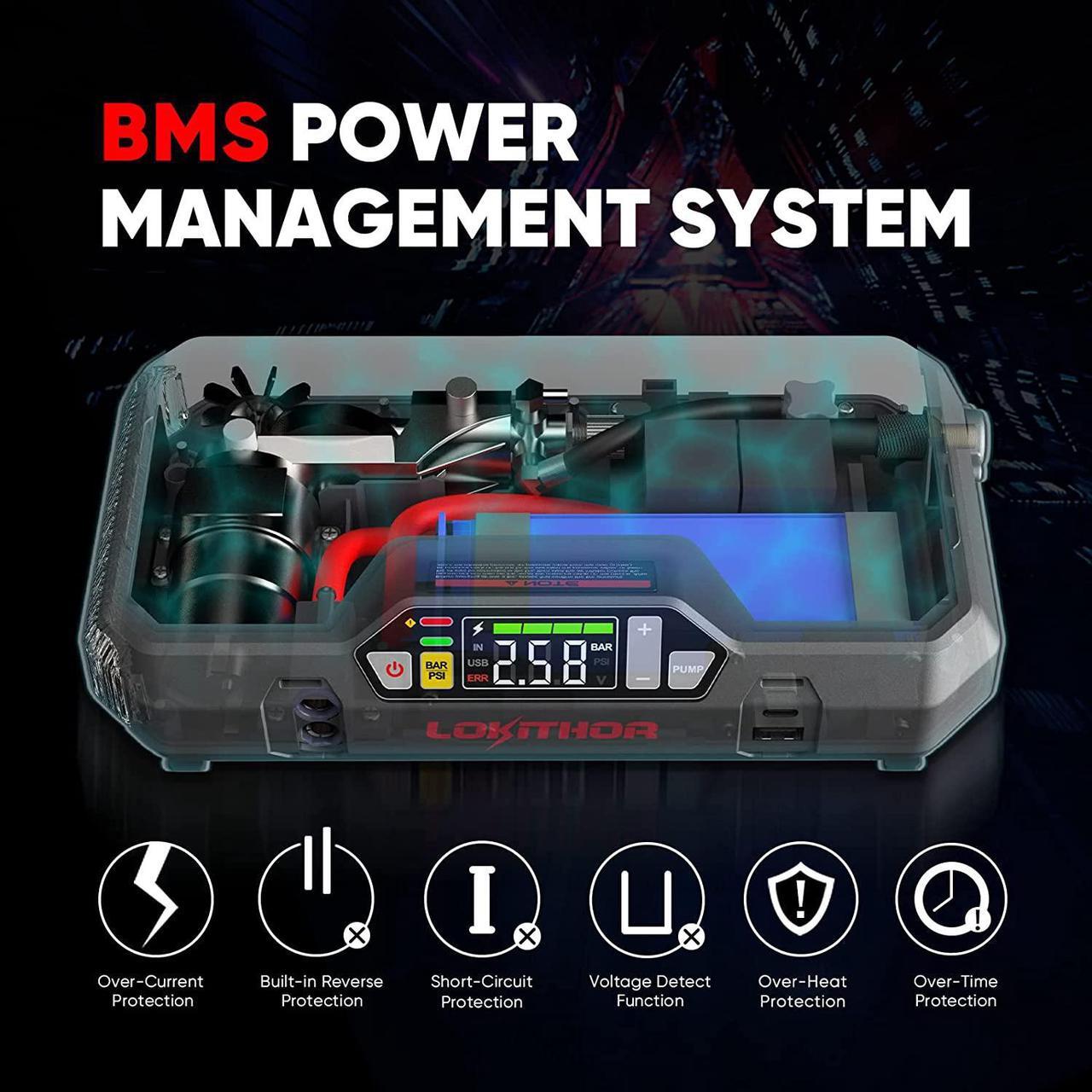 Alt view image 6 of 13 - Lokithor Jump Starter with Air Compressor, 2000Amp 20000mAh 12V Car Battery Booster Pack for Up to 8L Gas or 6L Diesel Engines, 150 PSI Tire Inflator with Digital Screen, 36 Months Ultra-Long Standby