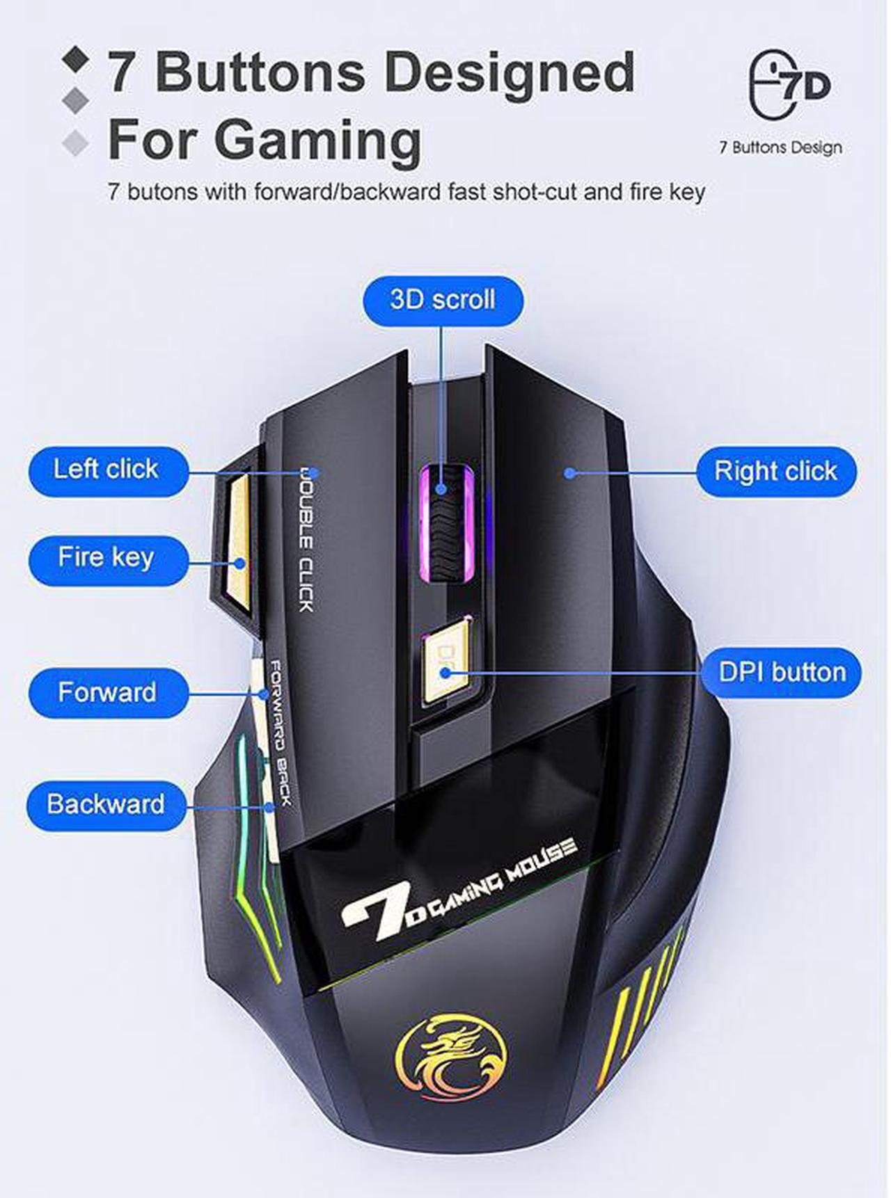 Alt view image 3 of 7 - iMICE GW-X7 7-button Silent Rechargeable Wireless Gaming Mouse with Colorful RGB Lights