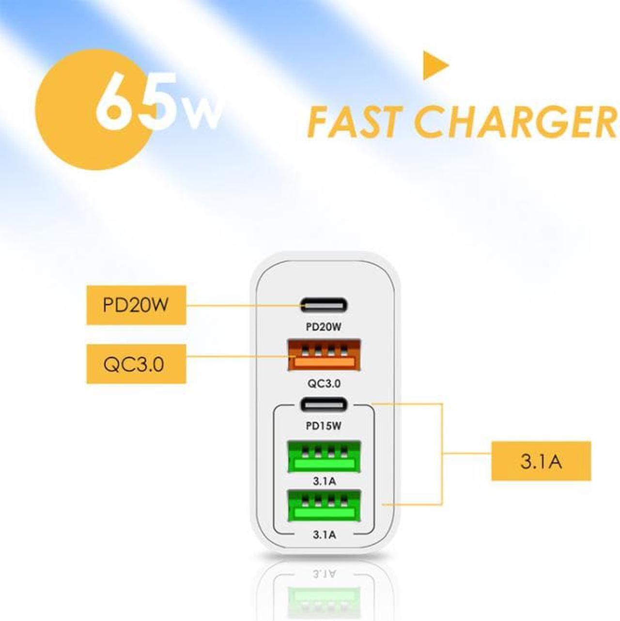 Alt view image 3 of 7 - 65W Dual PD Type-C + 3 x USB Multi Port Charger with 3A Type-C to 8 Pin Data Cable, US Plug