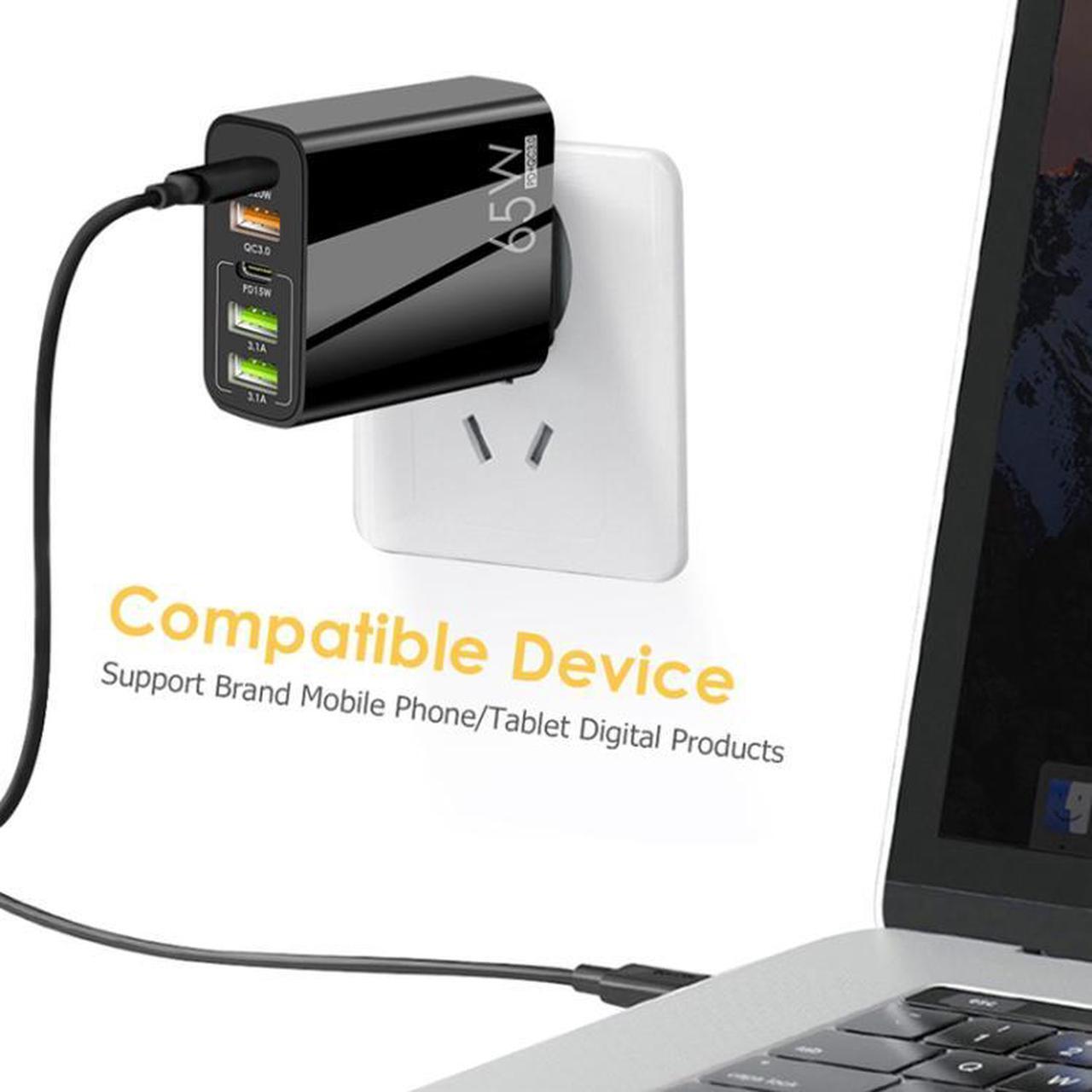 Alt view image 5 of 7 - 65W Dual PD Type-C + 3 x USB Multi Port Charger with 3A Type-C to 8 Pin Data Cable, US Plug