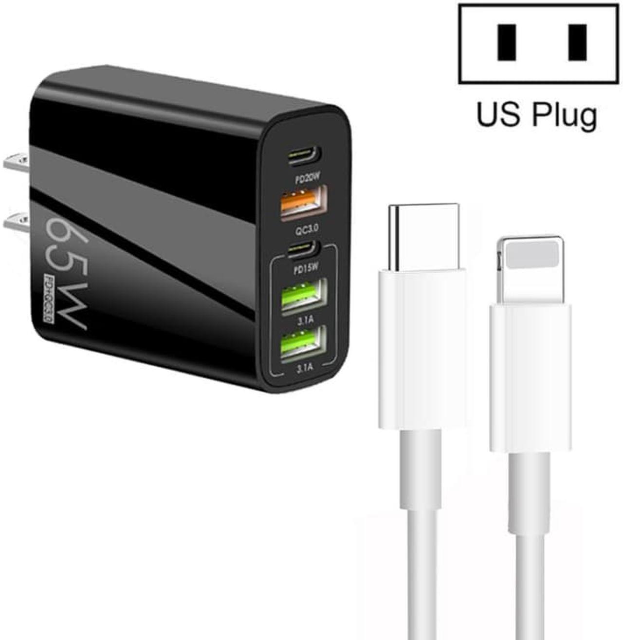 Main image of 65W Dual PD Type-C + 3 x USB Multi Port Charger with 3A Type-C to 8 Pin Data Cable, US Plug