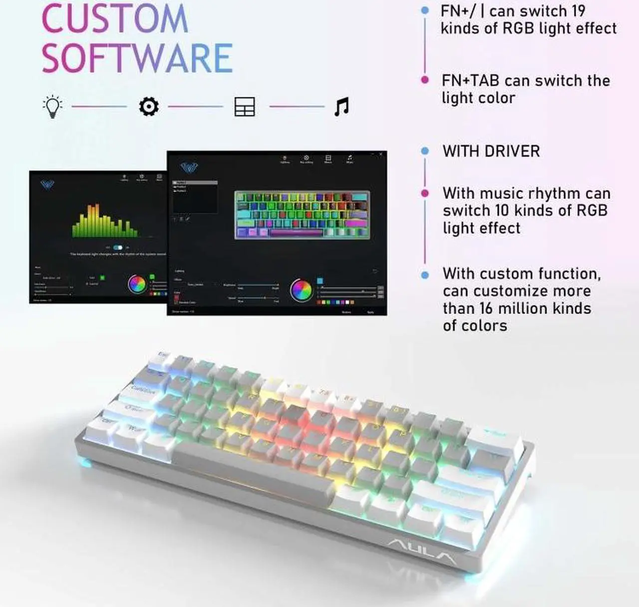 Alt view image 4 of 7 - AULA F3261 Type-C Wired Hot Swappable 61 Keys RGB Mechanical Keyboard (Gray White Red Shaft)