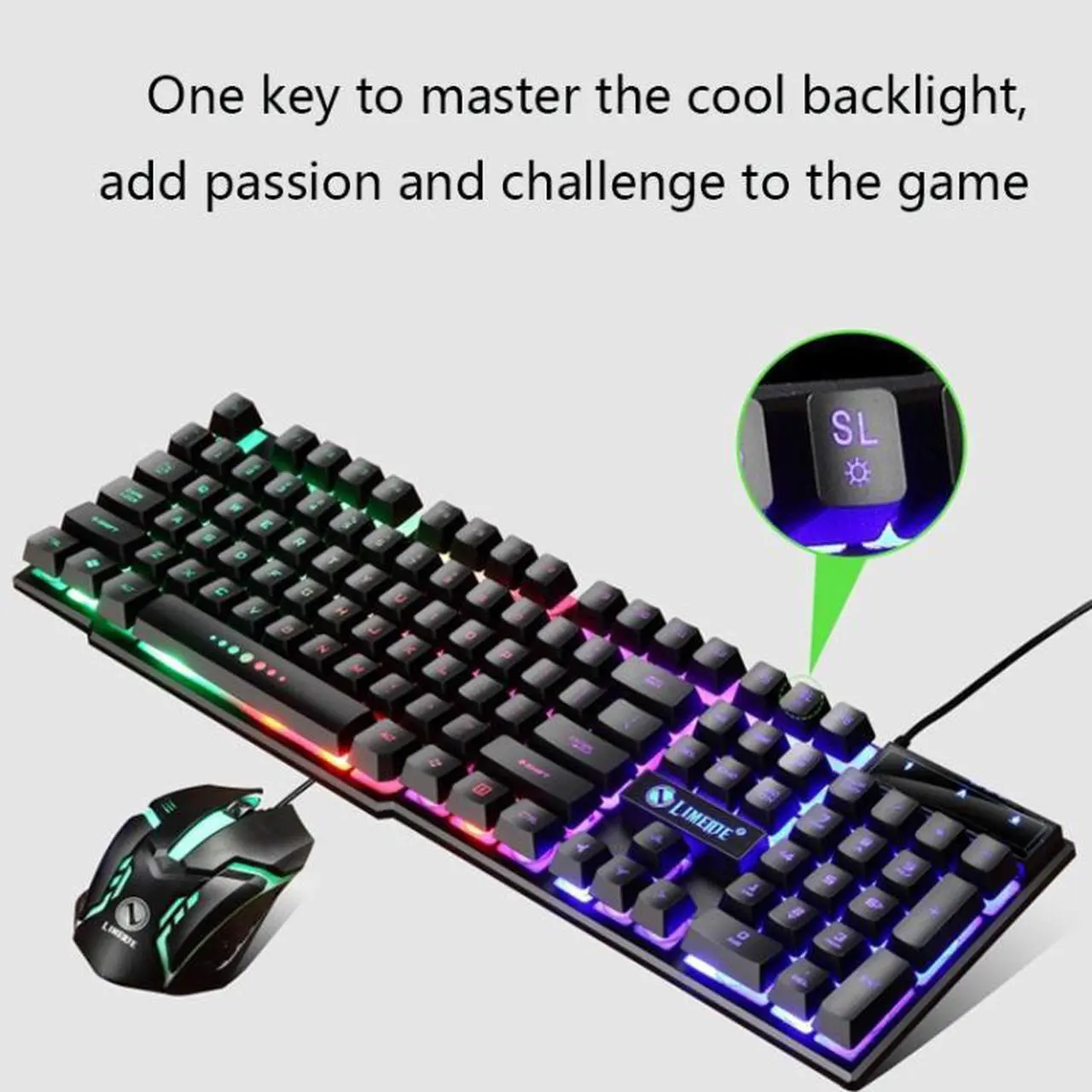 Alt view image 4 of 7 - LIMEIDE GTX300 1600DPI 104 Keys USB Rainbow Suspended Backlight Wired Luminous Keyboard and Mouse Set, Cable Length: 1.4m (Black)