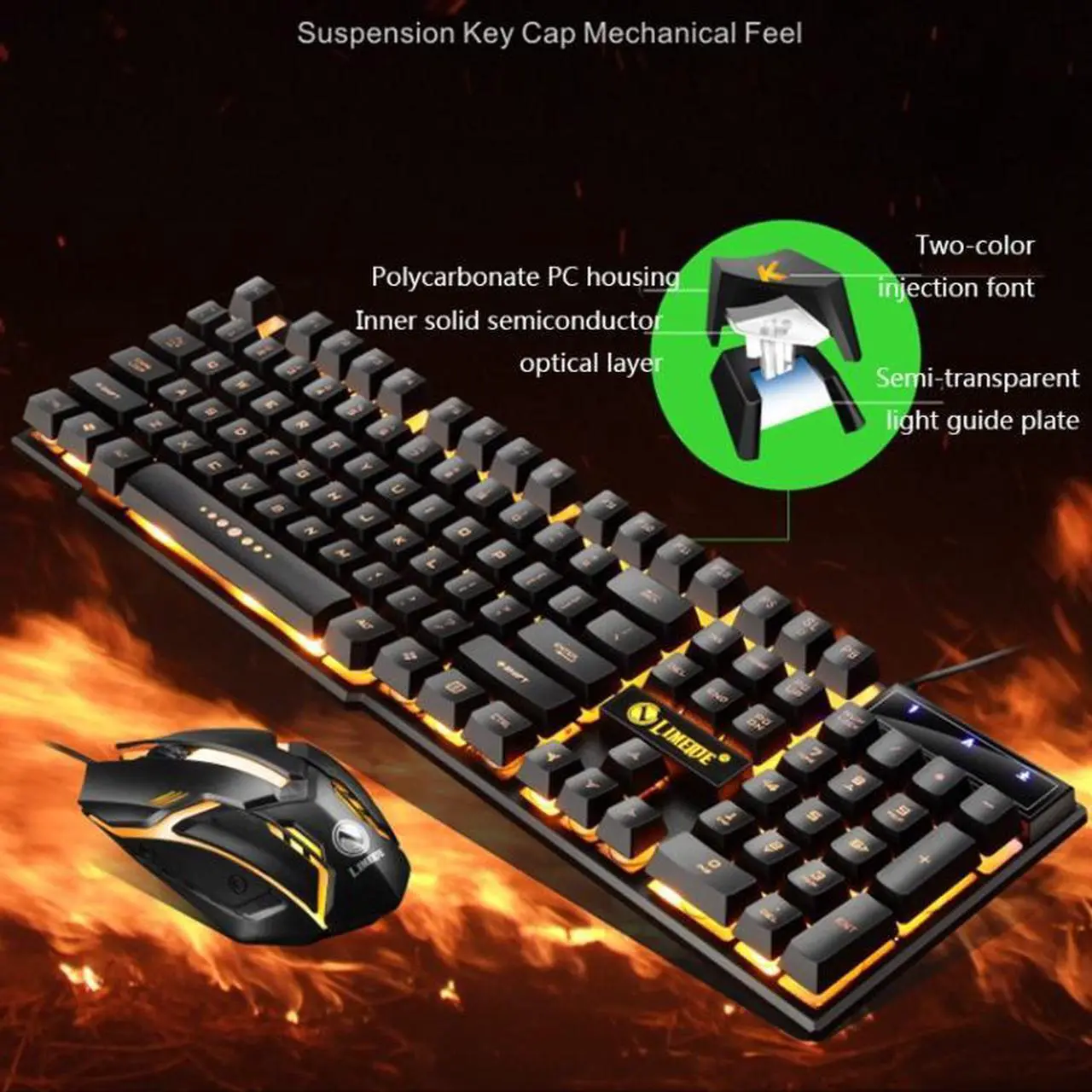 Alt view image 5 of 7 - LIMEIDE GTX300 1600DPI 104 Keys USB Rainbow Suspended Backlight Wired Luminous Keyboard and Mouse Set, Cable Length: 1.4m (Black)