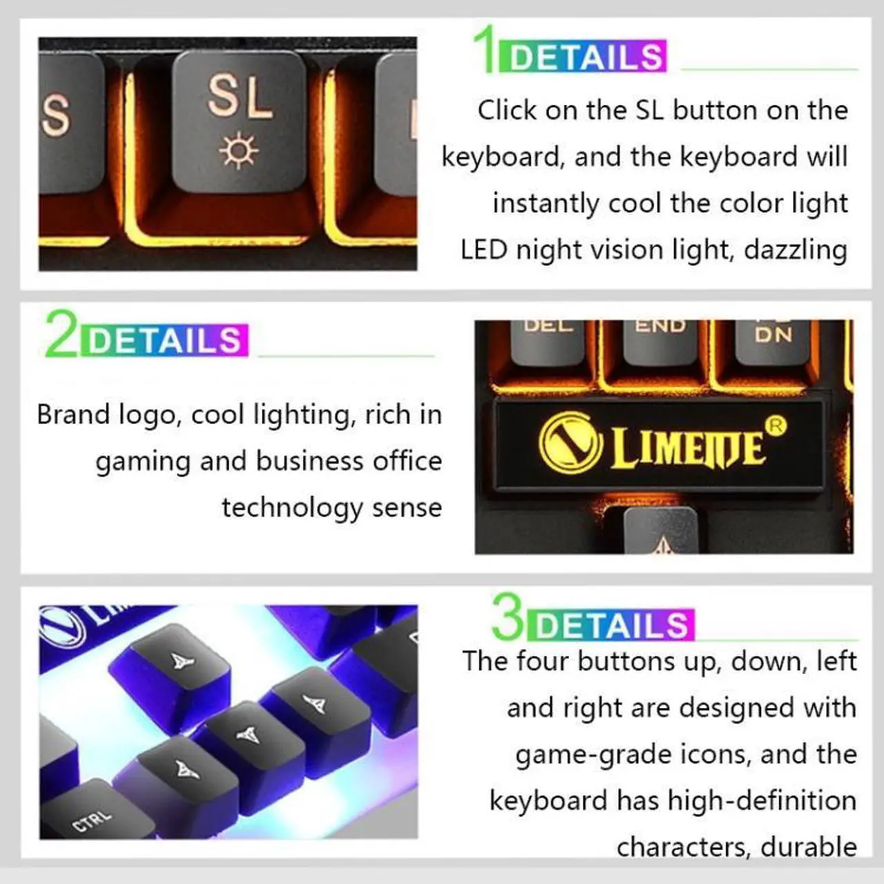 Alt view image 6 of 7 - LIMEIDE GTX300 1600DPI 104 Keys USB Rainbow Suspended Backlight Wired Luminous Keyboard and Mouse Set, Cable Length: 1.4m (Black)