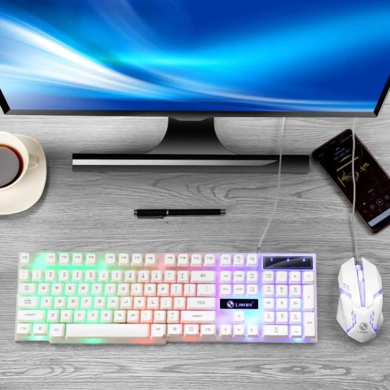 Alt view image 7 of 7 - LIMEIDE GTX300 1600DPI 104 Keys USB Rainbow Suspended Backlight Wired Luminous Keyboard and Mouse Set, Cable Length: 1.4m (Black)