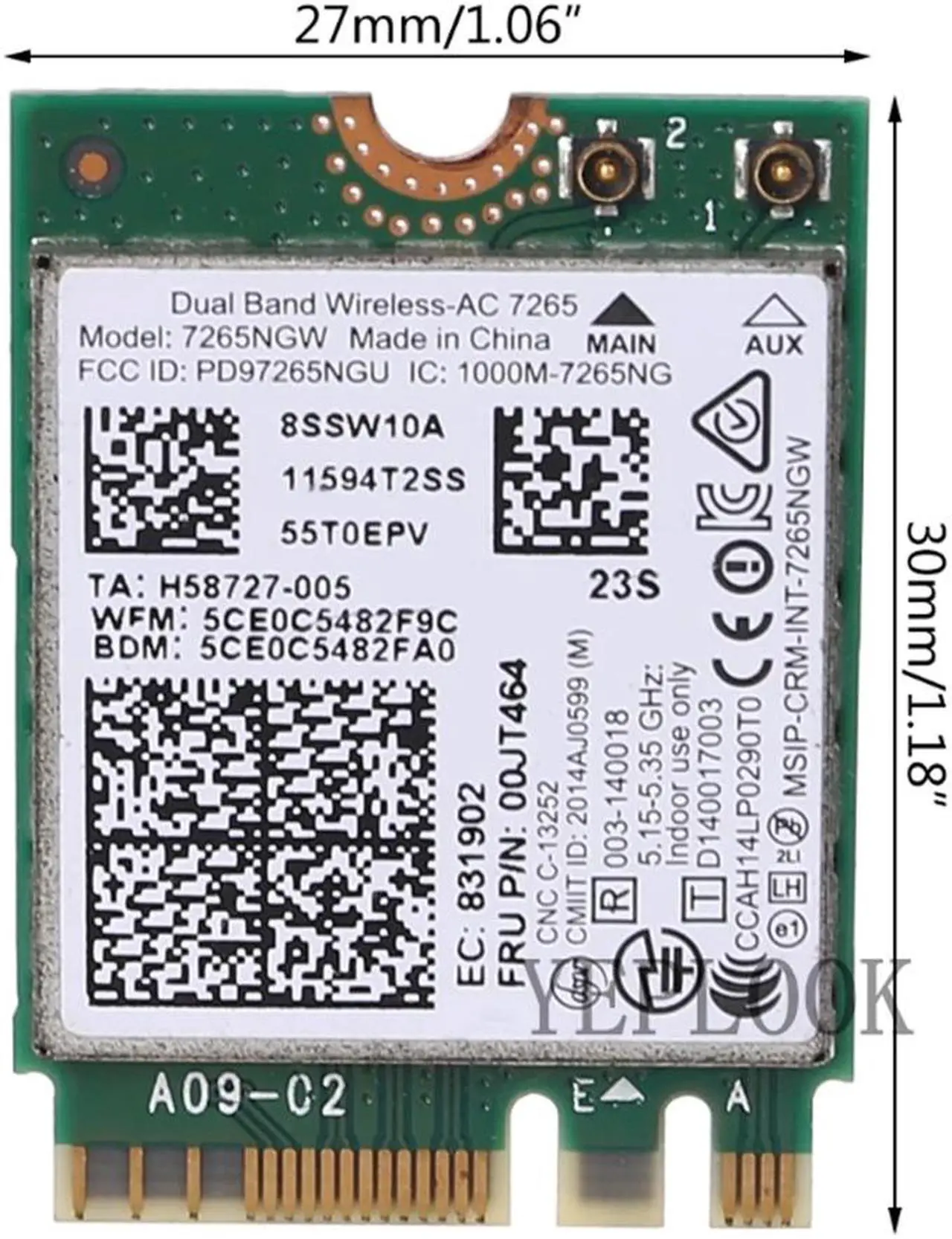 Alt view image 5 of 5 - Wireless-AC 7265NGW 7265AC 867Mbps Dual Band 2.4G/5GHz Wifi+BT4.0 802.11AC a/b/g/n M.2 NGFF Wifi Card for L450 L550 E450c E550 X250
