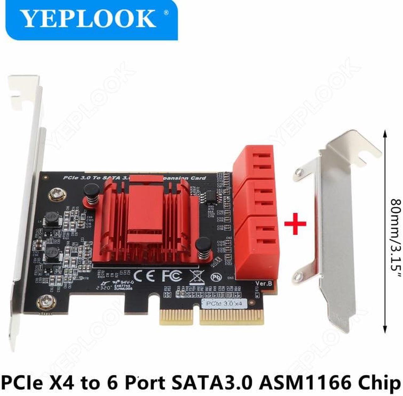 PCIe 4x to 6 Port SATA3.0 6Gbps PCIe to SATA Adapter Controller Expansion Card ASM1166 Chipset for HDD SSD with 8cm/12cm Bracket