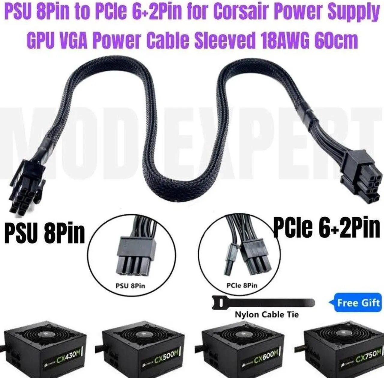 Main image of PSU 8Pin to PCIe 6+2Pin GPU VGA Power Cable Sleeved Net for CORSAIR CX430M CX500M CX600M CX750M 80Plus Bronze Modular Power Unit