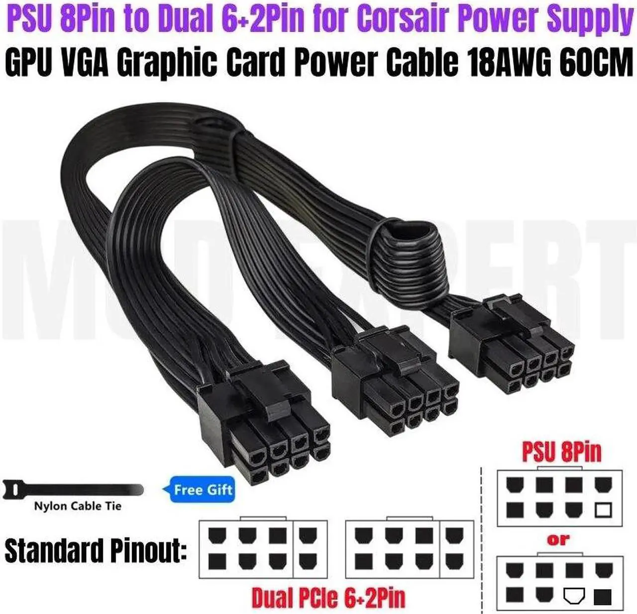Alt view image 2 of 6 - Original GPU Power Cable PSU 8Pin to Dual PCIe 8Pin for CORSAIR HX1200 HX1000 HX850 HX750 PLATINUM Power Ribbon Flat Cable 18AWG