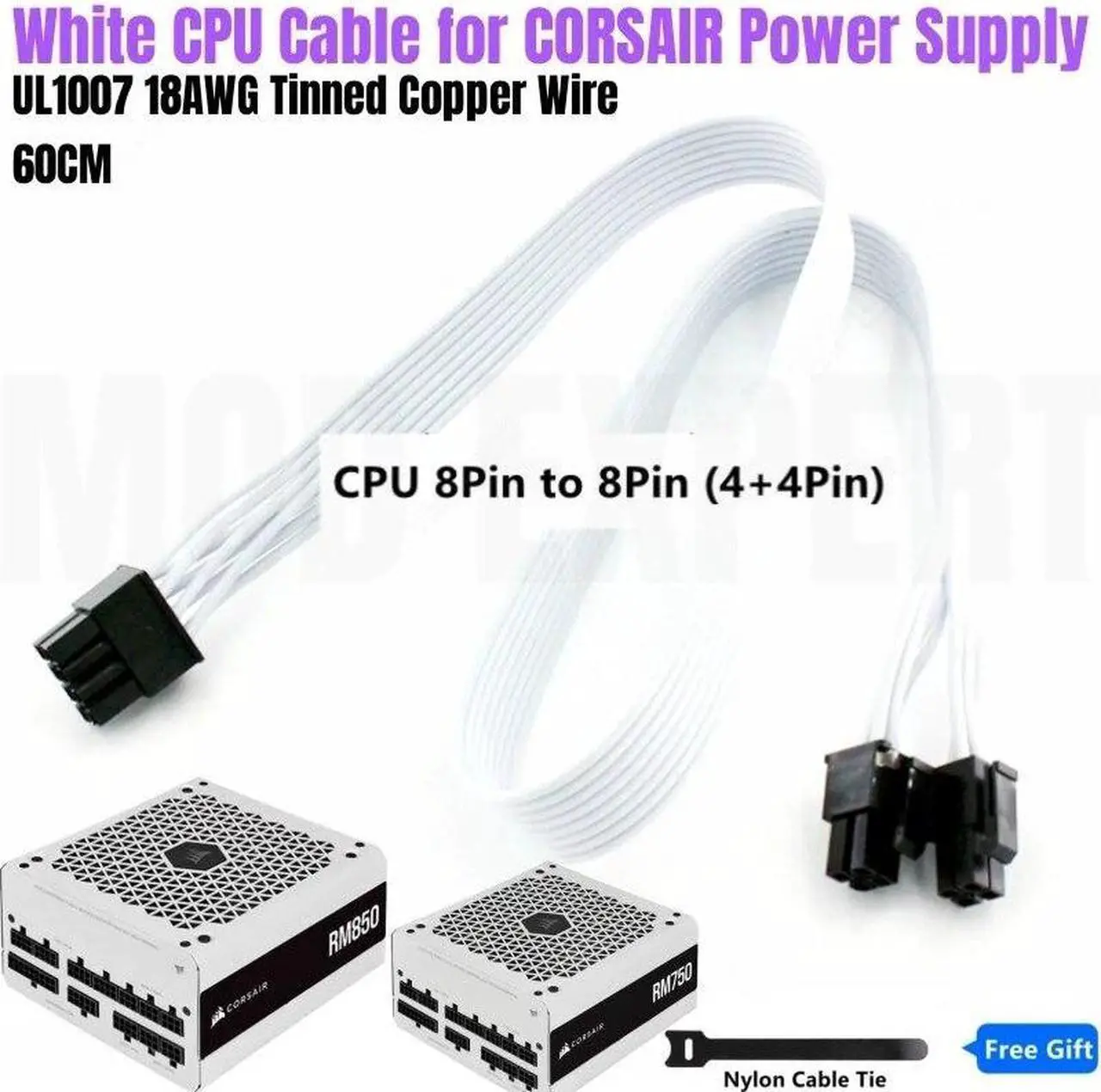 Main image of White CPU Power Cable PSU 8Pin to 4+4Pin EPS 12V 18AWG 60CM for CORSAIR RM750 RM850 RM Series (2021) Modular Power Supply Unit