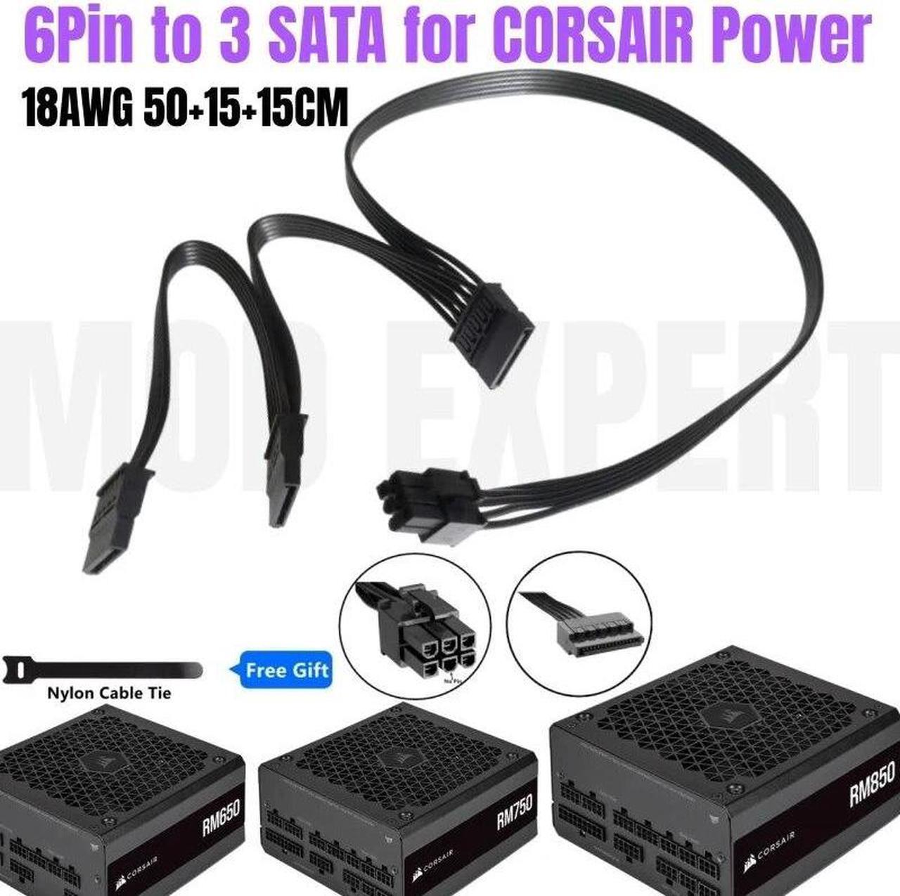 Main image of 6Pin to 3 SATA Male Straight SSD HDD Power Cable 18AWG for CORSAIR RM450 RM550 RM650 RM750 RM850 RM1000 Platinum Modular PSU