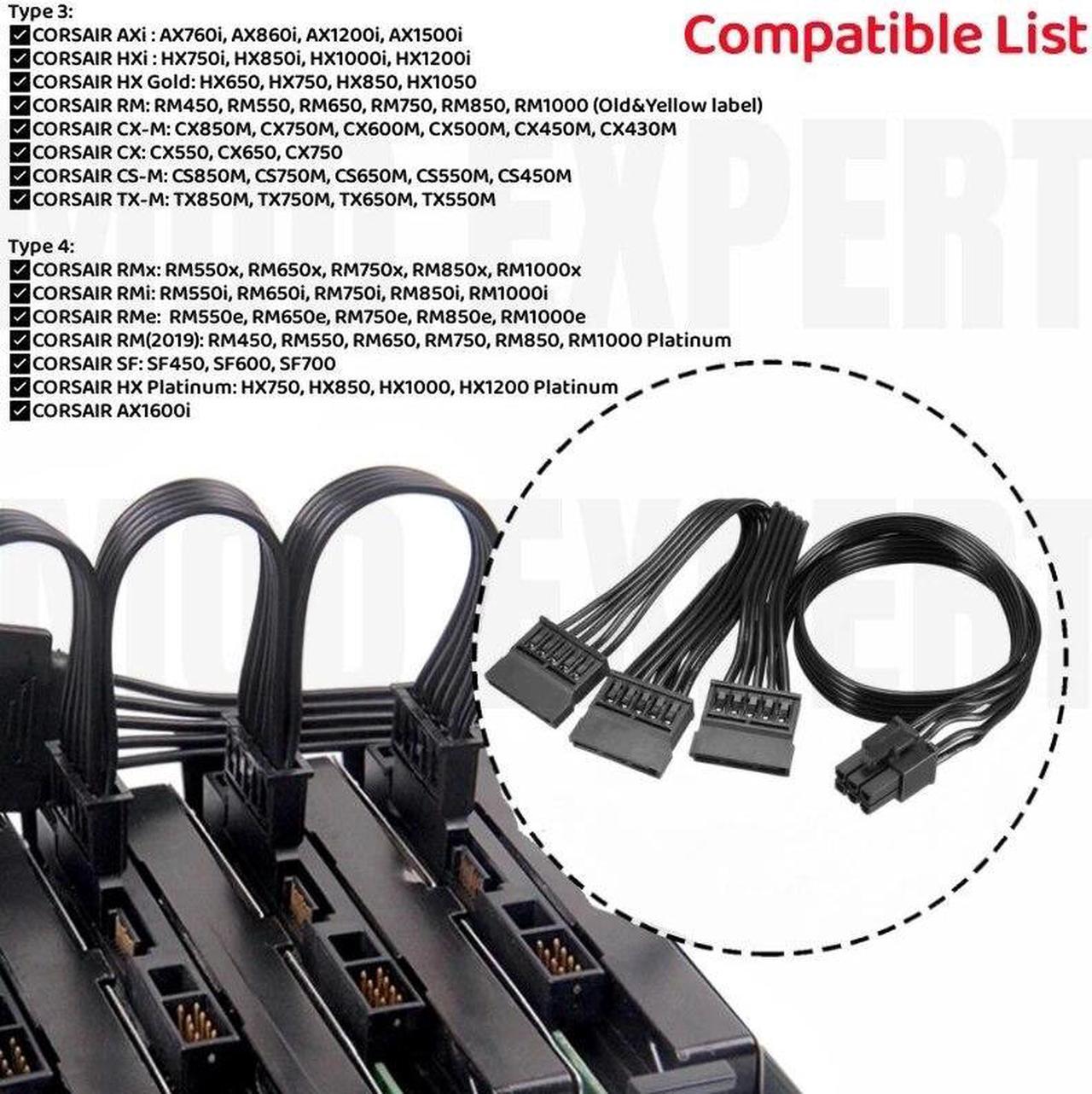 Alt view image 3 of 6 - 6Pin to 3 SATA Male Straight SSD HDD Power Cable 18AWG for CORSAIR RM450 RM550 RM650 RM750 RM850 RM1000 Platinum Modular PSU